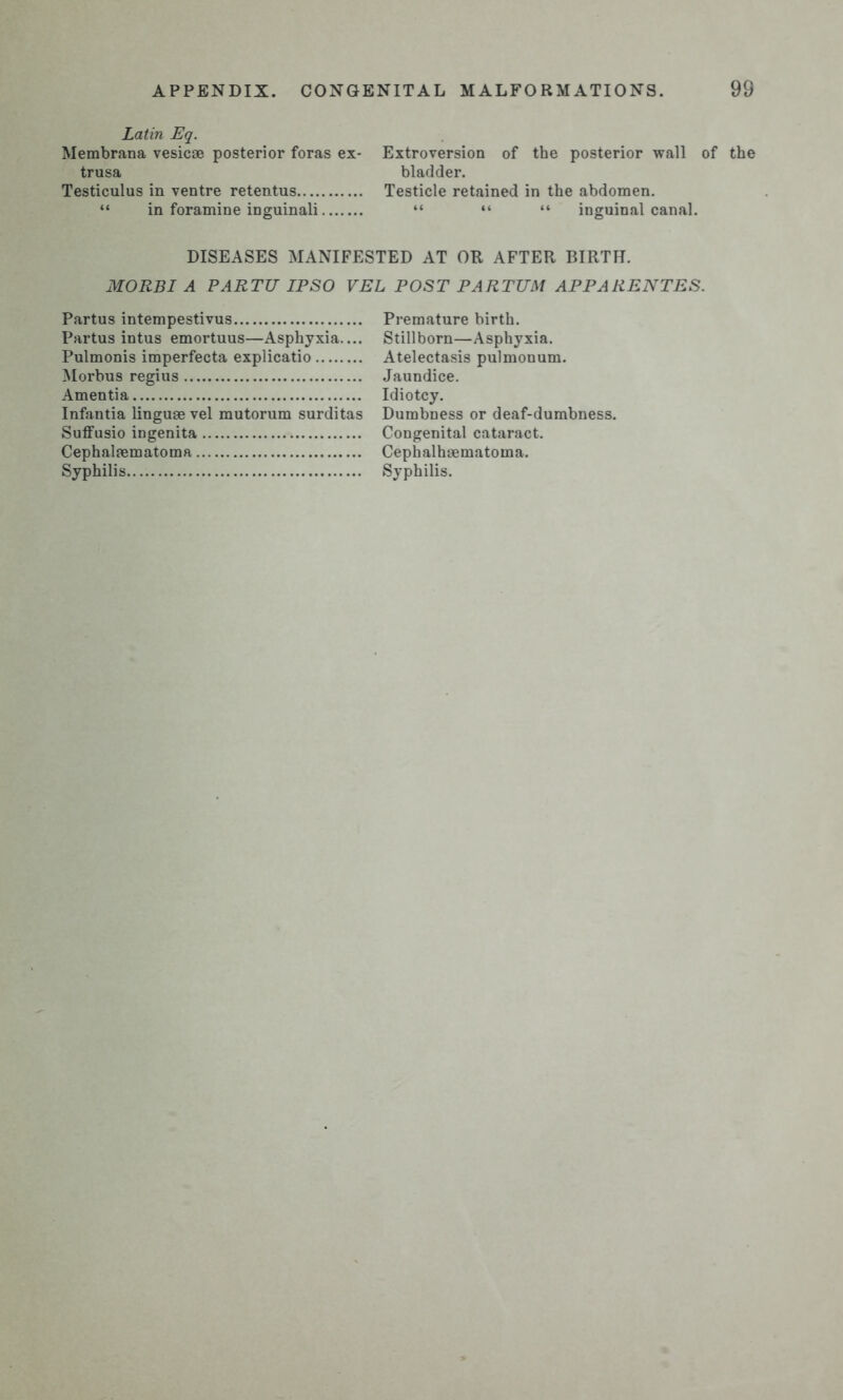 Latin Eq. Membrana vesicae posterior foras ex- Extroversion of the posterior wall of the trusa bladder. Testiculus in ventre retentus Testicle retained in the abdomen. “ in foramine inguinali “ “ “ inguinal canal. DISEASES MANIFESTED AT OR AFTER BIRTH. MORBI A PARTU IPSO VEL POST PARTUM APPARENTES. Partus intempestivus Partus intus emortuus—Asphyxia.... Pulmonis imperfecta explicatio Morbus regius Amentia Infantia linguae vel mutorum surditas Suffusio ingenita Cephalaematoma Syphilis Premature birth. Stillborn—Asphyxia. Atelectasis pulmonum. Jaundice. Idiotcy. Dumbness or deaf-dumbness. Congenital cataract. Cephalhaematoma. Syphilis.