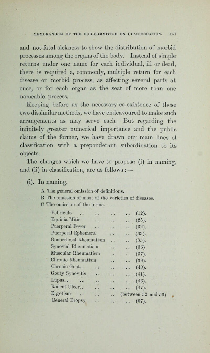 and not-fatal sickness to show the distribution of morbid processes among the organs of the body. Instead of simple returns under one name for each individual, ill or dead, there is required a, commonly, multiple return for each disease or morbid process, as affecting several parts at once, or for each organ as the seat of more than one nameable process. Keeping before us the necessary co-existence of those t wo dissimilar methods, we have endeavoured to make such arrangements as may serve each. But regarding the infinitely greater numerical importance and the public claims of the former, we have drawn our main lines of classification with a preponderant subordination to its objects. The changes which we have to propose (i) in naming, and (ii) in classification, are as follows : — (i). In naming. A The general omission of definitions. B The omission of most of the varieties of diseases. C The omission of the terms. Febricula Equinia Mitis Puerperal Fever Puerperal Ephemera Gonorrhoeal Rheumatism Synovial Rheumatism Muscular Rheumatism Chronic Rheumatism Chronic Gout.. Gouty Synovitis Lupus.. Rodent Ulcer.. Ergotism General Dropsy .. .. (12). .. (25). .. (32). (33). .. .. (35). .. (36) .. (37). .. (38). .. (40). .. (41). .. (46). .. .. (47). .. (between 52 and 53) , .. (57).