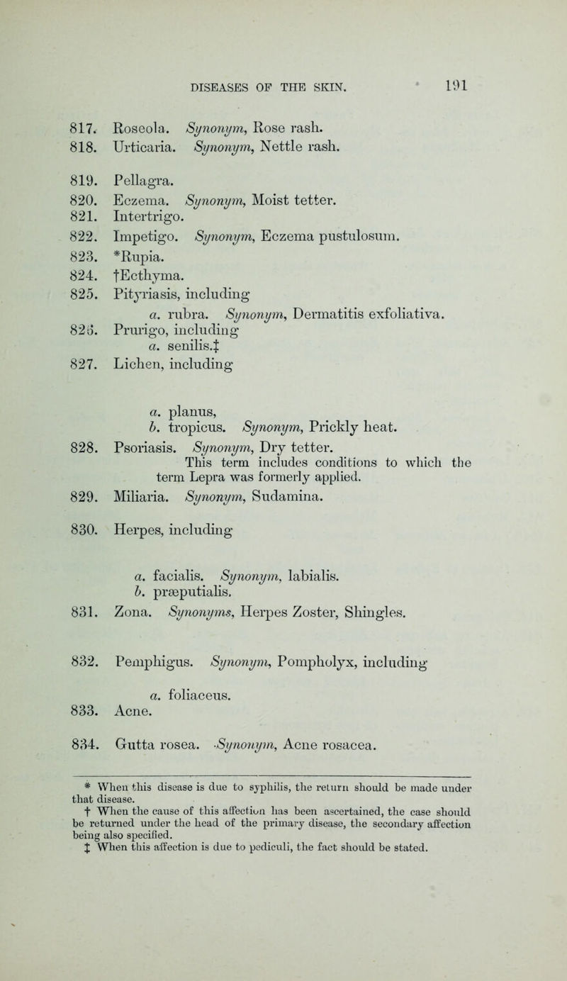 817* Roseola. Synonym, Rose rash. 818. Urticaria. Synonym, Nettle rash. 819. Pellagra. 820. Eczema. Synonym, Moist tetter. 821. Intertrigo. 822. Impetigo. Synonym, Eczema pustulosum. 823. *Rupia. 824. jEcthyma. 825. Pityriasis, including a. rubra. Synonym, Dermatitis exfoliativa. 826. Prurigo, including a. senilis.f 827. Lichen, including a. planus, b. tropicus. Synonym, Prickly heat. 828. Psoriasis. Synonym, Dry tetter. This term includes conditions to which the term Lepra was formerly applied. 829. Miliaria. Synonym, Sudamina. 830. Herpes, including a. facialis. Synonym, labialis. b. praeputialis. 831. Zona. Synonyms, Herpes Zoster, Shingles. 832. Pemphigus. Synonym, Pompholyx, including a. foliaceus. 833. Acne. 834. Gutta rosea. ■Synonym, Acne rosacea. * When this disease is due to syphilis, the return should be made under that disease. f When the cause of this affection has been ascertained, the case should be returned under the head of the primary disease, the secondary affection being also specified. J When this affection is due to pediculi, the fact should be stated.