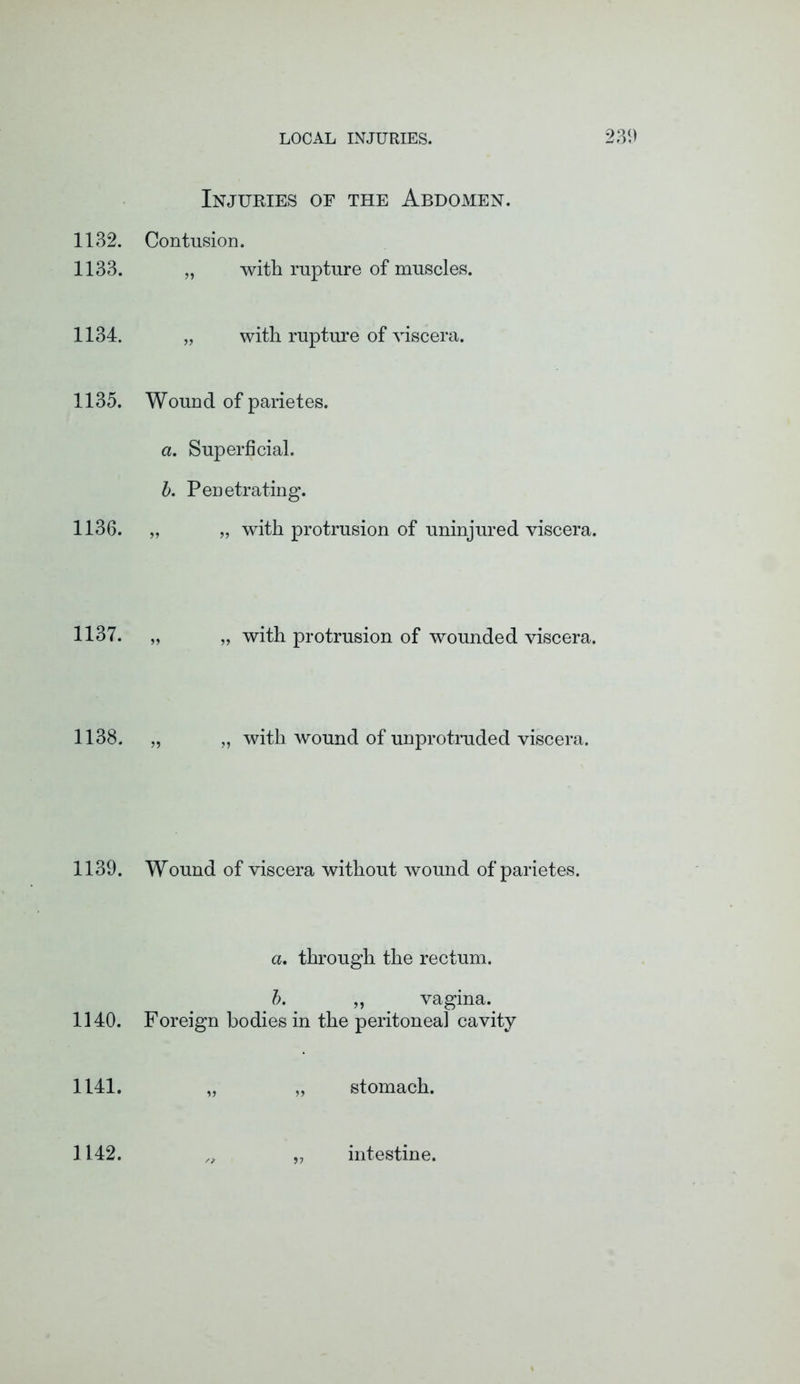 Injuries of the Abdomen. 1132. Contusion. 1133. „ with rupture of muscles. 1134. „ with rupture of viscera. 1135. Wound of parietes. a. Superficial. b. Penetrating. 1136. „ „ with protrusion of uninjured viscera. 1137. „ „ with protrusion of wounded viscera. 1138. „ „ with wound of unprotruded viscera. 1139. Wound of viscera without wound of parietes. a. through the rectum. b. „ vagina. 1140. Foreign bodies in the peritoneal cavity 1141. „ „ stomach. >7