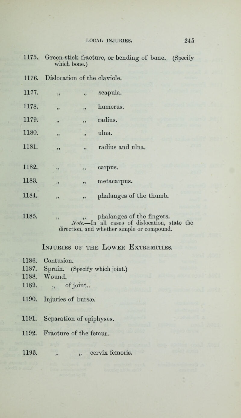 1175. Green-stick fracture, or bending of bone. (Specify which bone.) 1176. Dislocation of the clavicle. 1177. 55 55 scapula. 1178. 55 55 humerus. 1179. 55 55 radius. 1180. 55 55 ulna. 1181. 5 5 55 radius and ulna. 1182. 55 55 carpus. 1183. 55 55 metacarpus. 1184. 55 55 phalanges of the thumb. 1185. ,, „ phalanges of the fingers. Note.—In all cases of dislocation, state the direction, and whether simple or compound. Injuries of the Lower Extremities. L186. Contusion. 1187. Sprain. (Specify which joint.) 1188. Wound. 1189. „ of joint.. 1190. Injuries of bursae. 1191. Separation of epiphyses. 1192. Fracture of the femur. 1193. 95 cervix femoris.