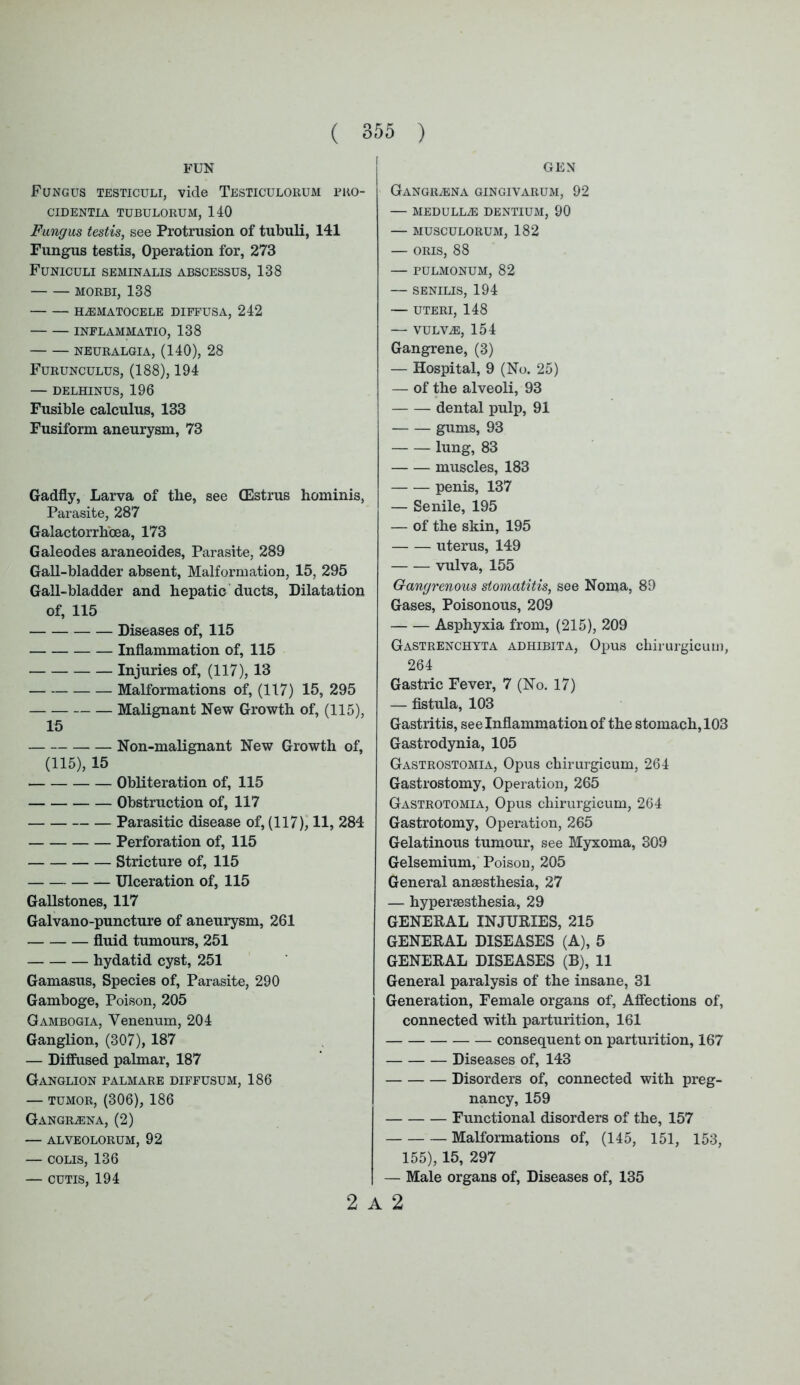 FUN Fungus testiculi, vide Testiculorum pro- cidentia TUBULORUM, 140 Fungus testis, see Protrusion of tubuli, 141 Fungus testis, Operation for, 273 Funiculi seminalis abscessus, 138 morbi, 138 hematocele diffusa, 242 INFLAMMATIO, 138 NEURALGIA, (140), 28 Furunculus, (188), 194 — DELHINUS, 196 Fusible calculus, 133 Fusiform aneurysm, 73 Gadfly, Larva of the, see CEstrus hominis, Parasite, 287 Galactorrhcea, 173 Galeodes araneoides, Parasite, 289 Gall-bladder absent, Malformation, 15, 295 Gall-bladder and hepatic ducts, Dilatation of, 115 Diseases of, 115 Inflammation of, 115 Injuries of, (117), 13 Malformations of, (117) 15, 295 — Malignant New Growth of, (115), 15 Non-malignant New Growth of, (115), 15 Obliteration of, 115 Obstruction of, 117 Parasitic disease of, (117), 11, 284 Perforation of, 115 Stricture of, 115 Ulceration of, 115 Gallstones, 117 Galvano-puncture of aneurysm, 261 fluid tumours, 251 hydatid cyst, 251 Gamasus, Species of, Parasite, 290 Gamboge, Poison, 205 Gambogia, Venenum, 204 Ganglion, (307), 187 — Diffused palmar, 187 Ganglion palmare diffusum, 186 — tumor, (306), 186 Gangrena, (2) — ALVEOLORUM, 92 — colis, 136 — cutis, 194 2 GEN Gangrena gingivarum, 92 — MEDULLE DENTIUM, 90 — MUSCULORUM, 182 — oris, 88 — PULMONUM, 82 — SENILIS, 194 — UTERI, 148 — VULVE, 154 Gangrene, (3) — Hospital, 9 (No. 25) — of the alveoli, 93 dental pulp, 91 gums, 93 lung, 83 muscles, 183 penis, 137 — Senile, 195 — of the skin, 195 uterus, 149 vulva, 155 Gangrenous stomatitis, see Noma, 89 Gases, Poisonous, 209 Asphyxia from, (215), 209 Gastrenchyta adhibita, Opus chirurgicum, 264 Gastric Fever, 7 (No. 17) — fistula, 103 Gastritis, see Inflammation of the stomach, 103 Gastrodynia, 105 Gastrostomia, Opus chirurgicum, 264 Gastrostomy, Operation, 265 Gastrotomia, Opus chirurgicum, 264 Gastrotomy, Operation, 265 Gelatinous tumour, see Myxoma, 309 Gelsemium, Poison, 205 General anaesthesia, 27 — hyperaesthesia, 29 GENERAL INJURIES, 215 GENERAL DISEASES (A), 5 GENERAL DISEASES (B), 11 General paralysis of the insane, 31 Generation, Female organs of, Affections of, connected with parturition, 161 — consequent on parturition, 167 Diseases of, 143 Disorders of, connected with preg- nancy, 159 Functional disorders of the, 157 Malformations of, (145, 151, 153, 155), 15, 297 — Male organs of, Diseases of, 135 2