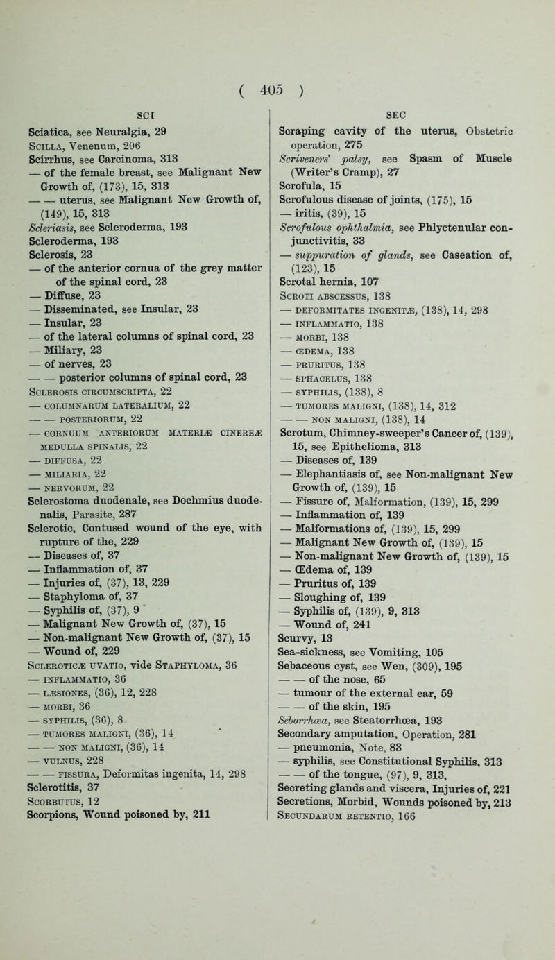 SCI Sciatica, see Neuralgia, 29 Scilla, Venenum, 206 Scirrhus, see Carcinoma, 313 — of the female breast, see Malignant New Growth of, (173), 15, 313 uterus, see Malignant New Growth of, (149), 15, 313 Scleriasis, see Scleroderma, 193 Scleroderma, 193 Sclerosis, 23 — of the anterior cornua of the grey matter of the spinal cord, 23 — Diffuse, 23 — Disseminated, see Insular, 23 — Insular, 23 — of the lateral columns of spinal cord, 23 — Miliary, 23 — of nerves, 23 posterior columns of spinal cord, 23 Sclerosis circumscripta, 22 — COLUMNARUM LATERALIUM, 22 POSTERIORUM, 22 — CORNUUM ANTERIORUM MATERIA CINEREA MEDULLA SPINALIS, 22 — DIFFUSA, 22 — MILIARIA, 22 — NERVORUM, 22 Sclerostoma duodenale, see Dochmius duode- nalis, Parasite, 287 Sclerotic, Contused wound of the eye, with rupture of the, 229 — Diseases of, 37 — Inflammation of, 37 — Injuries of, (37), 13, 229 — Staphyloma of, 37 — Syphilis of, (37), 9 — Malignant New Growth of, (37), 15 — Non-malignant New Growth of, (37), 15 — Wound of, 229 Sclerotica uvatio, vide Staphyloma, 36 — INFLAMMATIO, 36 — lasiones, (36), 12, 228 — MORBI, 36 — SYPHILIS, (36), 8 — TUMORES MALIGNI, (36), 14 NON MALIGNI, (36), 14 — vulnus, 228 fissura, Deformitas ingenita, 14, 298 Sclerotitis, 37 Scorbutus, 12 Scorpions, Wound poisoned by, 211 SEC Scraping cavity of the uterus, Obstetric operation, 275 Scriveners' palsy, see Spasm of Muscle (Writer’s Cramp), 27 Scrofula, 15 Scrofulous disease of joints, (175), 15 — iritis, (39), 15 Scrofulous ophthalmia, see Phlyctenular con- junctivitis, 33 — suppuration of glands, see Caseation of, (123), 15 Scrotal hernia, 107 Scroti abscessus, 138 — DEFORMITATES INGENITA, (138), 14, 298 — INFLAMMATIO, 138 — MORBI, 138 — (EDEMA, 138 — PRURITUS, 138 — SPHACELUS, 138 — SYPHILIS, (138), 8 — TUMORES MALIGNI, (138), 14, 312 NON MALIGNI, (138), 14 Scrotum, Chimney-sweeper’s Cancer of, (139), 15, see Epithelioma, 313 — Diseases of, 139 — Elephantiasis of, see Non-malignant New Growth of, (139), 15 — Eissure of, Malformation, (139), 15, 299 — Inflammation of, 139 — Malformations of, (139), 15, 299 — Malignant New Growth of, (139), 15 — Non-malignant New Growth of, (139), 15 — (Edema of, 139 — Pruritus of, 139 — Sloughing of, 139 — Syphilis of, (139), 9, 313 — Wound of, 241 Scurvy, 13 Sea-sickness, see Vomiting, 105 Sebaceous cyst, see Wen, (309), 195 of the nose, 65 — tumour of the external ear, 59 of the skin, 195 Seborrhcea, see Steatorrhcea, 193 Secondary amputation, Operation, 281 — pneumonia, Note, 83 — syphilis, see Constitutional Syphilis, 313 of the tongue, (97), 9, 313, Secreting glands and viscera, Injuries of, 221 Secretions, Morbid, Wounds poisoned by, 213 Secundarum retentio, 166