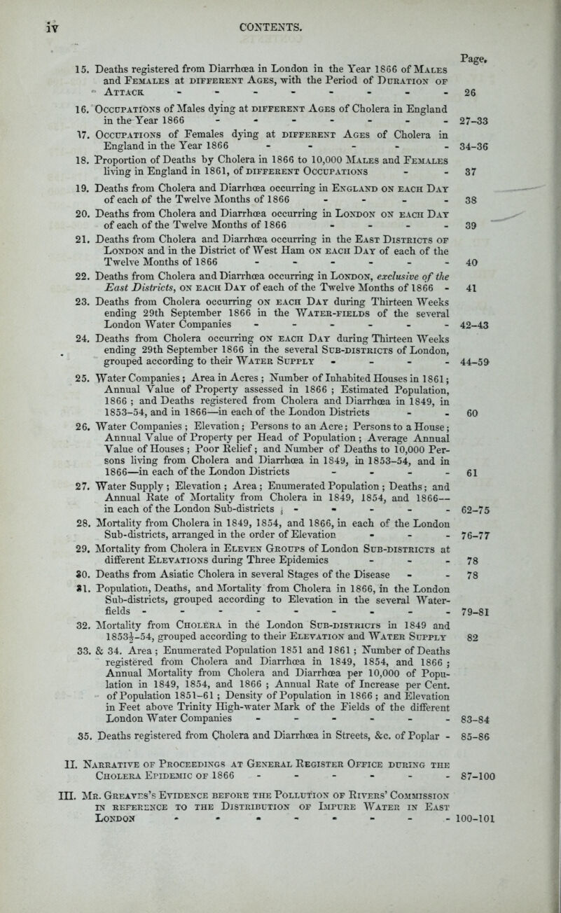 15. Deaths registered from Diarrhoea in London in the Year 1866 of Males and Females at different Ages, with the Period of Deration of « Attack - . 16. Occupations of Males dying at different Ages of Cholera in England in the Year 1866 17. Occupations of Females dying at different Ages of Cholera in England in the Year 1866 - - - - 18. Proportion of Deaths by Cholera in 1866 to 10,000 Males and Females lining in England in 1861, of different Occupations 19. Deaths from Cholera and Diarrhoea occurring in England on each Day of each of the Twelve Months of 1866 20. Deaths from Cholera and Diarrhoea occurring in London on each Day of each of the Twelve Months of 1866 - _ _ _ 21. Deaths from Cholera and Diarrhoea occurring in the East Districts of London and in the District of West Ham on each Day of each of the Twelve Months of 1866 22. Deaths from Cholera andDian-hcea occurring in London, exclusive of the East Districts, on each Day of each of the Twelve Months of 1866 - 23. Deaths from Cholera occurring on each Day during Thirteen Weeks ending 29th September 1866 in the Water-fields of the several London Water Companies ------ 24. Deaths from Cholera occurring on each Day during Thirteen Weeks ending 29th September 1866 in the several Sub-districts of London, grouped according to their Water Supply - - - _ 25. Water Companies ; Area in Acres ; Number of Inhabited Houses in 1861; Annual Value of Property assessed in 1866 ; Estimated Population, 1866 ; and Deaths registered from Cholera and Diarrhoea in 1849, in 1853-54, and in 1866—in each of the London Districts 26. Water Companies ; Elevation; Persons to an Acre; Persons to a House; Annual Value of Property per Head of Population ; Average Annual Value of Houses ; Poor Relief; and Number of Deaths to 10,000 Per- sons hving from Cholera and Diarrhma in 1849, in 1853-54, and in 1866—in each of the London Districts - - _ _ 27. Water Supply; Elevation; Area; Enumerated Population; Deaths; and Annual Rate of Mortality from Cholera in 1849, 1854, and 1866— in each of the London Sub-districts ^ - 28. Mortality fi'om Cholera in 1849, 1854, and 1866, in each of the London Sub-districts, arranged in the order of Elevation - . _ 29. Mortality from Cholera in Eleven Groups of London Sub-districts at different Elevations during Three Epidemics - - - 30. Deaths from Asiatic Cholera in several Stages of the Disease 31. Population, Deaths, and Mortality from Cholera in 1866, in the London Sub-districts, grouped according to Elevation in the several Water- fields 32. Mortality from Cholera in the London Sub-districts in 1849 and 1853|-54, grouped according to then’ Elevation and Water Supply 33. & 34. Area ; Enumerated Population 1851 and 1861 ; Number of Deaths registered from Cholera and Diarrhoea in 1849, 1854, and 1866 ; Annual Mortality from Cholera and Diarrhoea per 10,000 of Popu- lation in 1849, 1854, and 1866 ; Annual Rate of Increase per Cent, of Population 1851-61 ; Density of Population in 1866 ; and Elevation in Feet above Trinity High-water Mark of the Fields of the different London Water Companies 35. Deaths registered from Cfiolera and Diarrhoea in Streets, &c. of Poplar - II. Narrative of Proceedings at General Register Office during the Cholera Epidemic of 1866 in. Mr. Greaves’s Evidence before the Pollution of Rivers’ Commission IN REFERENCE TO THE DISTRIBUTION OF IMPURE WATER IN EaST LONDOIt * - Page, 26 27-33 34-36 37 38 39 40 41 42-43 44-50 60 61 62-75 76-77 78 78 79-81 82 83-84 85-86 87-100 100-101