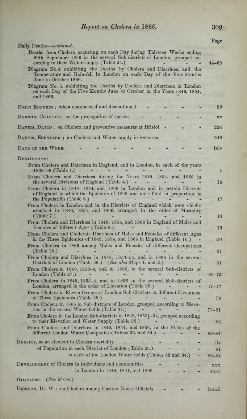 Daily Deaths—continued. Deaths from Cholera occurring on each Day during Thirteen AYeeks ending 29th September 1866 in the several Sub-districts of London, grouped ac- cording to their Water-supply (Table 24.) - - - - Diagram No.4. exhibiting the Deaths by Cholera and Diarrhoea, and the Temperature and Rain-fall in London on each Day of the Live Months June to October 1866. Diagram No. 5. exhibiting the Deaths by Cholera and Diarrhoea in London on each Day of the Live Months June to October in the Years 1849, 1854, and 1866. Daily Returns ; when commenced and discontinued - - Darwin, Charles : on the propagation of species - - » Davies, David ; on Cholera and preventive measures at Bristol - . - Davies, Ebenezer ; on Cholera and AYater-supply in Swansea Days op the AVeek -------- Death-rate : Lrom Cholera and Diarrhoea in England, and in London, in each of the years .1838-66 (Table 1.) - - - - - From Cholera and Diarrhoea during the Years 1849, 1854, and 1866 in the several Divisions of England (Table 4.) - - From Cholera in 1849, 1854, and 1866 in London and in certain Districts of England in which the Epidemic of 1866 was most fatal in proportion to the Population (Table 6.) - - - - - From Cholera in London and in the Districts of England which were chiefly attacked in 1849, 1854, and 1866, arranged in the order of Mortality (Table 7.) From Cholera and Diarrhoea in 1849, 1854, and 1866 in England of Males and Females of different Ages (Table 8.) - _ - _ _ From Cholera and Choleraic Diarrhoea of Males and Females of different Ages in the Three Epidemics of 1849, 1854, and 1866 in England (Table 10.) From Cholera in 1866 among Males and Females of different Occupations (Table 18.) From Cholera and Diarrhoea in 1849, 1853-54, and in 1866 in the several Districts of London (Table 26.) (Nee also Maps 1. and 2.) From Cholera in 1849, 1853-4, and in 1866, in the several Sub-districts of London (Table 27.)- From Cholera in 1849, 1853-4, and in 1866 in the several Sub-districts of London, arranged in the order of Elevation (Table 28.) - - - From Cholera in Eleven Groups of London Sub-districts at different Elevations in Three Epidemics (Table 29.)- From Cholera in 1866 in Sub districts of London grouped according to Eleva- tion in the several AV'ater-fields (Table 31.) From Cholera in the London Sub-districts in 1849,1853^54, grouped according to their Elevation and AVater Supply (Table 32.) - - _ From Cholera and Diarrhoea in 1849, 1854, and 1866, in the Fields of the different London AVater Companies (Tables 33. and 34.) - _ _ Density, as an element in Cholera mortality - - - _ of Population in each District of London (Table 26.) - _ - in each of the London AA^ater-fields (Tables 33 and 34.) Development of Cholera in individuals and communities - - _ in Loudon in 1849, 1854, and 1866 - . - Diagrams. {See Maps.) Dickson, Dr. AV.; on Cholera among Custom House Officials - - . Page 44-59 99 XV 224 246 Ixiv 1 16 17 18 19 20 37 61 62-75 76-77 78 79-81 82 83-84 ilv 61 83-84 XXX xxxi Ixxxii