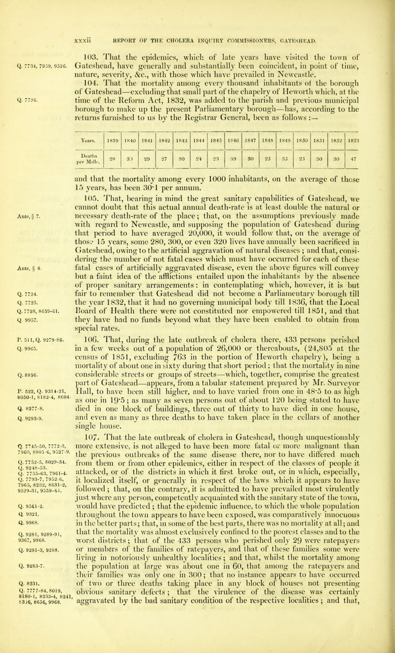 Q. 7726. Ante, § 7. Ante, § 8. Q. 7724. Q. 7725. Q. 7728, 8059-01. Q. 9957. r. 511,Q. 9279-80. Q. 9905. Q. 8890. r. 522, Q. 9314-21, 8050-1, 8182-4, 8004. Q. 8277-8. Q. 9293-9. Q. 7745-50, 7772-3, 7900, 8805 0, 9527-9. Q. 7752-5, 8029-34. Q. 9248-53. Q. 7755-03, 7961-4. y. 7793-7, 7952-0, 790.5, 8232, 8031-2, 9529-31, 9559-61. Q. 9561-2. Q. 9321. Q. 9968. Q. 9281, 9289-91, 9307, 9908. Q. 9281-3, 9288. Q. 9283-7. Q. 8231. Q. 7777-84, 8019, 8180-1, 8233-4, 8241, 8396, 8056, 9968. xxxii BEPORT OF THE CHOLERA INQUIRY COMMISSIONERS, GATESHEAD. 103, That the epidemics, which of late years have visited the town of nature, severity, &c., with those which have prevailed in Newcastle. 104. That the mortality among every thousand inhabitants of the borough of Gateshead—excluding that small part of the chapelry of Heworth which, at the time of the Reform Act, 1832, was added to the parish and previous municipal borough to make up the present Parliamentary borough—has, according to the returns furnished to us by the Registrar General, been as follows A'ears. 1839 18-10 1841 1842 1843 1844 1845 1840 1847 1848 1849 1850 1851 1852 1853 Deatlis per Mille. 28 33 29 27 30 24 23 39 30 25 35 25 SO 30 47 and that the mortality among every 1000 inhabitants, on the average of those 15 years, has been 30‘1 per annum. 105. That, bearing in mind the great sanitary capabilities of Gateshead, 4ve cannot doubt that this actual annual death-rate is at least double the natural or necessary death-rate of the place; that, on the assumptions previously made with regard to Newcastle, and supposing the population of Gateshead during that period to have averaged 20,000, it would follow that, on the average of those 15 years, some 280, 300, or even 320 lives have annually been sacrificed in Gateshead, owing to the artificial aggravation of natural diseases ; and that, consi- dering the number of not fatal cases which must have occurred for each of these fatal cases of artificially aggravated disease, even the above figures will convey but a faint idea of the afflictions entailed upon the inhabitants by the absence of proper sanitary arrangements: in contemplating which, however, it is but fair to remember that Gateshead did not become a Parliamentary borough till the year 1832, that it had no governing municipal body till 1836, that the Local Hoard of Health there were not constituted nor empowered till 1851, and that they have had no funds beyond what they have been enabled to obtain from special rates. 106. That, during the late outbreak of cholera there, 433 persons perished in a few’ weeks out of a population of 26,000 or thereabouts, (24,805 at the census of 1851, excluding 763 in the portion of Heworth chapelry), being a mortality of about one in sixty daring that shoi’t period ; that the mortality in nine consiflerable streets or groups of streets—which, together, comprise the greatest part of Gateshead—appears, from a tabular statement prepared by Mr. Surveyor Plall, to have been still higher, and to have varied from one in 48‘5 to as high as one in 19*5; as many as seven persons out of about 120 being stated to have died in one block of buildings, three out of thirty to have died in one house, and even as many as three deaths to have taken place in the cellars of another single house. 107- That the late outbreak of cholera in Gateshead, though unquestionably more extensive, is not alleged to have been more fatal or more malignant than the previous outbreaks of the same disease there, nor to have differed much from them or from other epidemics, cither in respect of the classes of people it attacked, or of the districts in which it first broke out, or in which, especially, it localized itself, or generally in respect of the laws which it appears to have followed ; that, on the contrary, it is admitted to have prevailed most virulently just where any person, competently acquainted with the sanitary state of the town, would have predicted ; that the epidemic influence, to which the whole population throughout the town appears to have been exposed, was comparatively innocuous in the better parts; that, in some of the best parts, there was no mortality at all; and that the mortality was almost exclusively confined to the poorest classes and to the worst districts; that of the 433 persons who perished only 29 were ratepayers or members of the families of ratepayers, and that of these families some were living in notoriously unhealthy localities; and that, Avhilst the mortality among the population at large was about one in 60, that among the ratepayers and their families was only one in 300; that no instance appears to have occurred of two or three deaths taking place in any block of houses not presenting obvious sanitary defects; that the virulence of the disease Avas certainly aggravated by the bad sanitary condition of the respective localities ; and that.