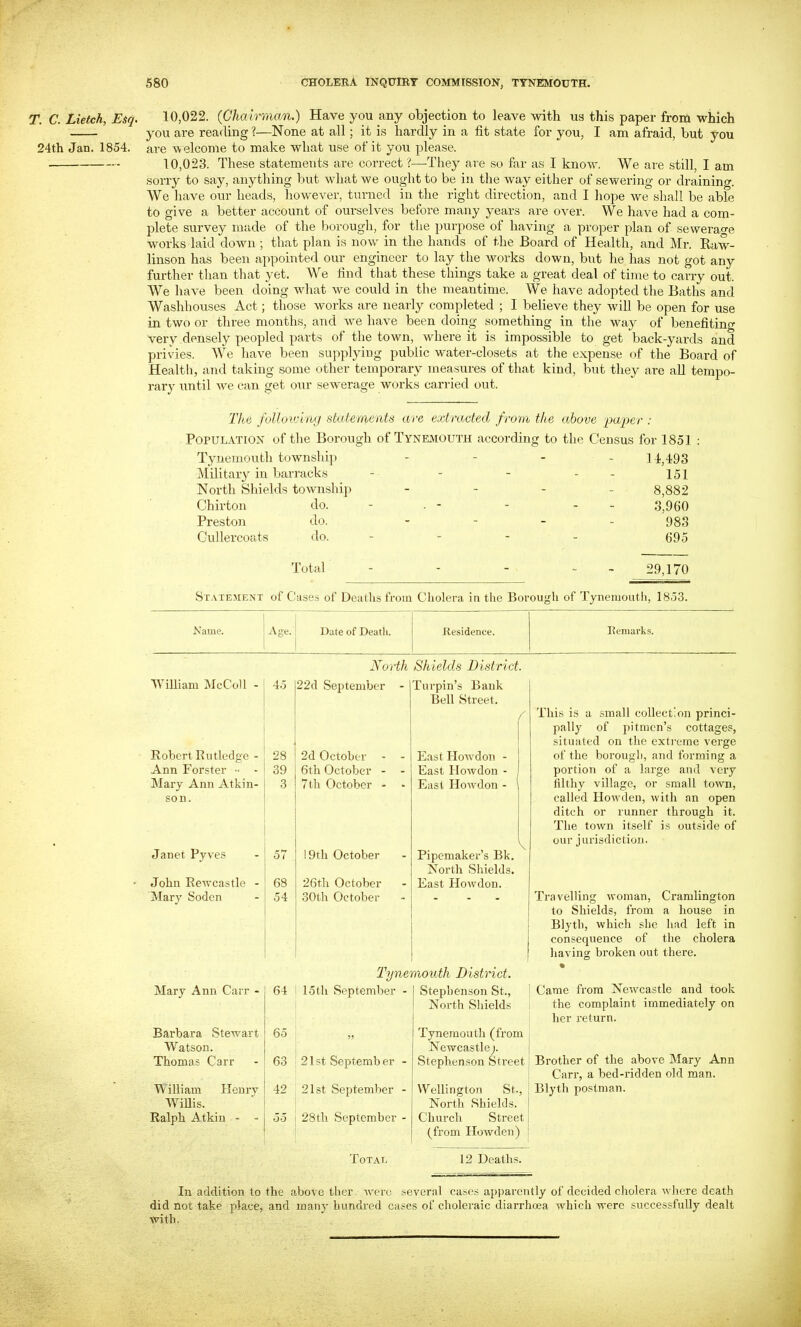 T. C. Lietch, Esq. 24th Jan. 1854. 580 CHOLERA INQUIRY COMMISSION, TYNEMOUTH. 10.022. {Chairman.) Have you any objection to leave with us this paper from which you are reading ?—None at all; it is hardly in a fit state for you, I am afraid, but you are w elcome to make what use of it you please. 10.023. These statements are correct ?—They are so far as I know. We are still, I am sorry to say, anything but what we ought to be in the way either of sewering or draining. We have our heads, however, turned in the right direction, and I Impe we shall be able to give a better account of ourselves before many years are over. We have had a com- plete survey made of the borough, for the purpose of having a proper plan of sewerage works laid dowm ; that plan is now in the hands of the Boai'd of Health, and Mr. Raw- linson has been appointed our engineer to lay the works down, but he lias not got any further than that yet. We find that these things take a great deal of time to carry out. We have been doing what we could in the meantime. We have adopted the Baths and Washhouses Act; those works are nearly completed ; I believe they will be open for use in two or three months, and we have been doing something in the way of benefiting very densely peopled parts of the town, where it is impossible to get back-yards and privies. We have been supplying public water-closets at the expen.se of the Board of Health, and taking some other temporary measures of that kind, but they are all tempo- rary until we can get our sewerage works carried out. TJte followluij staternants are extracted from the above pa'per : Population of the Borough of Tynemouth according to the Census for 1851 : Tynemouth townsliip - - - - ] 4,493 Military in barracks - - - - - 151 North Shields township _ . . . 8,882 Chirton do. - . - - - - .3,960 Preston do. - - - . 933 Gullercoats do. _ . . . 095 Total - - - - ~ 29,170 St.vtement of Cases of Deaths from Cholera in the Borough of Tynemouth, 1853. Name. William IMcColl - Robert Rutledge - Ann Forster •• - Mary Ann Atkin- son. Janet Pyves John Eewcastle - Mary Soden Mary Ann Carr - Barbara Stewart Watson. Thomas Carr William Henry Willis. Ralph Atkin - - Date of Deatli. Residence. Remarks. North Shields District. 45 ]22d September I 28 ' 2d October - 39 j 6th October - 3 I 7 th October - I I 57 19th October 68 54 26th October 30th October Turpin’s Bank Bell Street. East IloAvdon - East riowdon - East Howdon - Pipemaker’s Bk. North Shields. East Howdon. - I Tynemouth District. 64 15th September - I Stephenson St., ! North Shield.s 65 63 21 st Septemb er - Tynemouth (from Newcastle ;. Stephenson Street 42 21st September - ; Wellington St-, I North Shields. Church Street (from Howden) 55 I 28th September - This is a small collection princi- pally of pitmen’s cottages, situated on the extreme verge of the borough, and forming a portion of a lai-ge and very lilthy village, or small town, called Howden, with an open ditch or runner through it. The town itself is outside of our jurisdiction. Travelling woman, Cramlington to Shields, from a house in Blyth, which she liad left in consequence of the cholera having broken out there. % i Came from Newcastle and took the complaint immediately on her return. Brother of the above Mary Ann Carr, a bed-ridden old man. Blyth postman. Total 12 Deaths. In addition to the above ther Averc several cases apparently of decided cholera Avhere death did not take place, and many hundred cases of choleraic diarrhoea Avhich were successfully dealt with.
