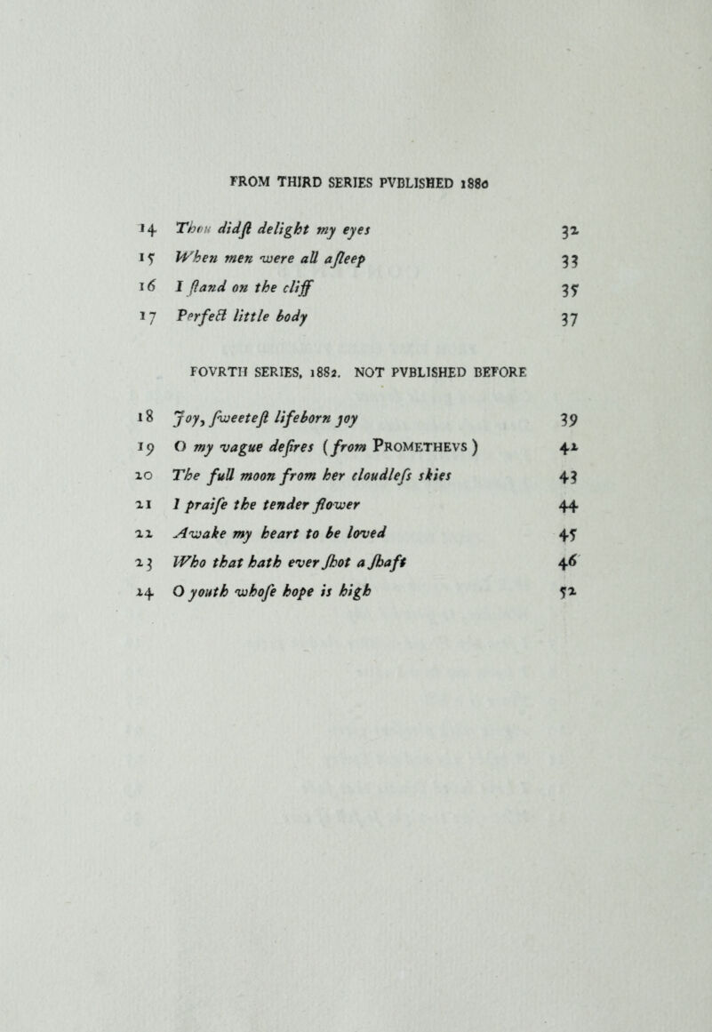 FROM THIRD SERIES PVBLISHED 1880 14- Then didfl delight my eyes 3* 15 When men were all ajleep 33 16 I (land on the cliff 31 17 Verfett little Body 31 FOVRTH SERIES, 1882. NOT PVBLISHED BEFORE 18 Joy, fweetefl lifeborn joy 39 *9 O my vague defires (from Promethevs ) 4* lO The full moon from her cloudlefs skies 43 'Ll 1 praife the tender flo wer 44 LX Awake my heart to be loved 4T *3 Who that hath ever Jhot ajhaft 4« H 0 youth whofe hope is high 1*