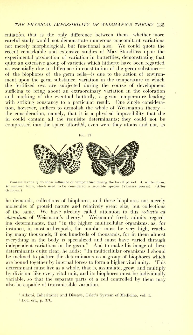 eiitiatioii, that is the only diti’erence l:)et\veen them—whether more eareful study would not demonstrate numerous coneomitaut variations not merely morphological, hut functional also. We could (piote the recent remarkable and extensive studies of Max Standftiss upon the experimental production of variation in butterflies, demonstrating that (piite an extensive group of varieties which hitherto have been regarded as essentially due to difference in constifution of the germ substance— of the l)iophores of the germ cells—is due to the action of environ- ment upon the germ substance, variation in the temperature to which the fertilized ova are subjected during the course of development sufficing to l)ring about an extraordinaiy variation in the coloration and marking of the eventual butterHy, a given temperature leading with striking constancy to a ])articular result. One single considera- tion, however, suffices to demolish the whole of Weismann’s theory— the consideration, namely, that it is a physical impossibility that the id could contain all the requisite determinants; they could not be compresseil into the space afforded, even were they atoms and not, as Fjr:. 33 Vanessa levana 9 show influence of temperature during tlie larval perirxl: -I, winter form; /y, summer form, which xised to be considered a separate species (Vanessa prorsa). (After Grobben.) he demands, collections of biophores, and these biophores not merely molecules of proteid nature and relatively great size, but collections of the same. We have already called attention to this red act io ad. ahsurdimi of Weismann’s theory.^ Weismamd freely admits, regard- ing determinants, that “in the higher multicellular organisms, as, for instance, in most arthropods, the number must be very high, reach- ing many thousands, if not hundreds of thousands, for in them almost everything in the body is specialized and must have varied tlmnigh inde})endent variations in the germ.” And to make his image of these determinants (piite clear, he adds: “In multicellular organisms I should be inclined to jiicture the determinants as a grouj) of biophores which me bound together by internal forces to form a higher vital unity, d'his determinant must live as a whole, that is, assimilate, grow, and multiply by division, like every vital unit, and its liiojihores must be individually variable, so that the separate parts of a cell controlled by them may idso be capable of transmissible variation. * Adami, Inheritance and Disease, Osier’s System of Medicine, vol. I. ^ r,oc. fit., p. .‘170.