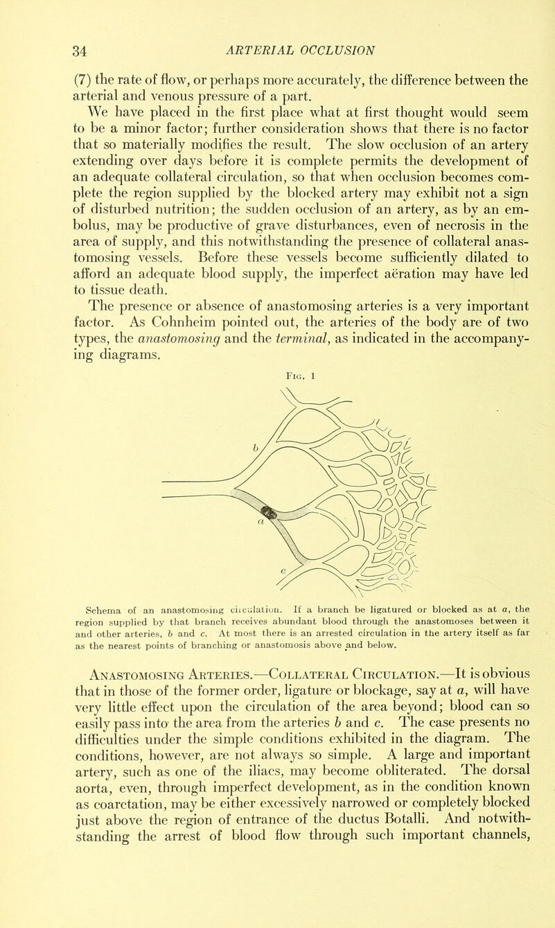 (7) the rate of flow, or perhaps more accurately, the difference between the arterial and venous pressure of a part. We have placed in the first place what at first thought would seem to be a minor factor; further consideration shows that there is no factor that so materially modifies the result. The slow occlusion of an artery extending over days before it is complete permits the development of an adequate collateral circulation, so that when occlusion becomes com- plete the region supplied by the blocked artery may exhibit not a sign of disturbed nutrition; the sudden occlusion of an artery, as by an em- bolus, may be productive of grave disturbances, even of necrosis in the area of supply, and this notwithstanding the presence of collateral anas- tomosing vessels. Before these vessels become sufficiently dilated to afford an adequate blood supply, the imperfect aeration may have led to tissue death. The presence or absence of anastomosing arteries is a very important factor. As Cohnheim pointed out, the arteries of the body are of two types, the anastomosing and the terminal, as indicated in the accompany- ing diagrams. Fig. 1 Schema of an anastomosing ciiculation. If a branch be ligatured or blocked as at a, the region supplied by that branch receives abundant blood through the anastomoses between it and other arteries, b and c. At most there is an arrested circulation in the artery itself as far as the nearest points of branching or anastomosis above and below. Anastomosing Arteries.—Collateral Circulation.—It is obvious that in those of the former order, ligature or blockage, say at a, will have very little effect upon the circulation of the area beyond; blood can so easily pass into the area from the arteries b and c. The case presents no difficulties under the simple conditions exhibited in the diagram. The conditions, however, are not always so simple. A large and important artery, such as one of the iliacs, may become obliterated. The dorsal aorta, even, through imperfect development, as in the condition known as coarctation, may be either excessively narrowed or completely blocked just above the region of entrance of the ductus Botalli. And notwith- standing the arrest of blood flow through such important channels,