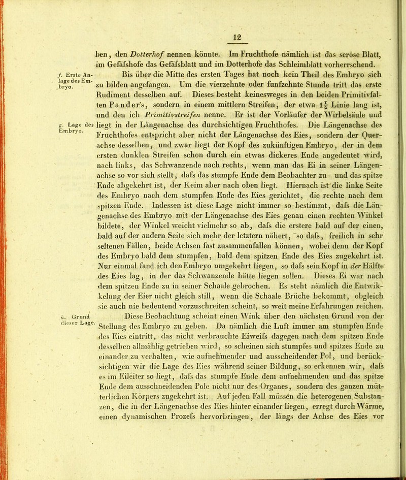 /. Erste An- lage des Em- bryo. g. Lage des Embryo. /i. Grund dieser Lage. ben, (len Dotterhof nennen könnte. Im Fruchthofe nämlich ist das seröse Blatt, im Geföfshofe das GefafsLlatt und im Dotterhofe das Schleimhlatt vorherrschend. Bis über die Mitte des ersten Tages hat noch kein Theil des Emljryo sich zu bilden angefangen. Um die vierzehnte oder fünfzehnte Stunde tritt das erste Rudiment desselben auf. Dieses besteht keinesweges in den beiden Primitivfal- ten Panders, sondern in einem mittlern Streifen, der etwa Linie lang ist, und den ich Primitiv streifen nenne. Er ist der Vorläufer der Wirbelsäule und liegt in der Längenachse des durchsichtigen Fruchthofes. Die Längenachse des Fruchthofes entspricht aber nicht der Längenachse des Eies, sondern der Quer- achse desselben, und zwar liegt der Kopf des zukünftigen Embryo, der in dem ersten dunklen Streifen schon durch ein etwas dickeres Ende augedeutet wird, nach links, das Schwanzende nach rechts, wenn man das Ei in seiner Längen- achse so vor sich stellt, dafs das stumpfe Ende dem Beobachter zu- und das spitze Ende abgekehrt ist, der Keim aber nach oben liegt. Hiernach ist die linke Seite des Embryo nach dem stumpfen Ende des Eies gerichtet, die rechte nach dem spitzen Ende. Indessen ist diese Lage nicht immer so bestimmt, dafs die Län- genachse des Embryo mit der Längenachse des Eies genau einen rechten Winkel bildete, der Winkel weicht vielmehr so ab, dafs die enstere bald auf der einen, bald auf der andern Seite sich mehr der letztem nähert, “so dafs, freilich in sehr seltenen Fällen, beide Achsen fast zusammenfallen können, wobei denn der Kopf des Embryo bald dem stumpfen, bald dem spitzen Ende des Eies zugekehrt ist. A^ur einmal fand ich den Embryo umgekehrt liegen, so dafs sein Kopf in c?er Hälfte des Eies lag, in der das Schwanzende hätte liegen sollen. Dieses Ei war nach dem spitzen Ende zu in seiner Schaale gebrochen. Es steht nämlich die Entwik- kelung der Eier nicht gleich still, wenn die Schaale Brüche bekommt, obgleich sie auch nie bedeutend vorzuschreiten scheint, so weit meine Erfahrungen reichen. Diese Beobachtung scheint einen Wink über den nächsten Grund von der Stellung des Embryo zu geben. Da nämlich die Luft immer am stumpfen Ende des Eies ein tritt, das nicht verbrauchte Enveifs dagegen nach dem spitzen Ende desselben allmählig getrieben wird, so scheinen sich stumpfes und spitzes Ende zu einander zu verhalten, wie aufnehmender und ausscheidender Pol, und berück- sichtigen wir die Lage des Eies w'ährend seiner Bildung, so erkemien wir, dafs es im Eileiter so liegt, dafs das stumpfe Ende dem aufnehmenden und das spitze Ende dem ausschneidendeu Pole nicht nur des Organes, sondern des ganzen müt- terlichen Körpers zugekehrt ist. Auf jeden Fall müssen die heterogenen Substan- zen , die in der Längenachse des Eies hinter einander liegen, erregt durch Wärme, einen dynamischen Prozefs hervorbringen, der längs der Achse des Eies vor