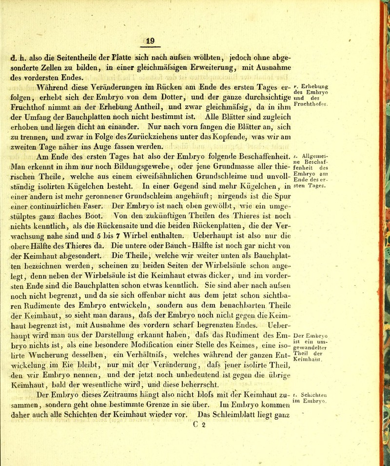 d. h. also die Seitentheile der Platte sich nach aufsen wölbten, jedoch ohne abge- sonderte Zellen zu bilden, in einer gleichmälsigen Erweiterung, mit Ausnahme des vordersten Endes. Während diese Veränderungen ihi Rücken am Ende des ersten Tages er- folgen, erhebt sich der Embryo von dem Dotter, und der ganze durchsichtige Fruchthof nimmt an der Erhebung Antheil, und zwar gleichmäfsig, da in ihm der Umfang der Bauchplatten noch nicht bestimmt ist. Alle Blätter sind zugleich erhoben und liegen dicht an einander. Nur nach vorn fangen die Blätter an, sich zu trennen, mid zwar in Folge des Zurückziehens unter das Kopfende, was wir am zweiten Tage näher ins Auge fassen werden. Am Ende des ersten Tages hat also der Embryo folgende Beschaffenheit. Man erkennt in ihm nur noch Bildungsgewebe, oder jene Grundmasse aller thie- rischen Theile, welche aus einem eiweifsähnlichen Grundschleime und unvoll- ständig isolirten Kügelchen besteht. In einer Gegend sind mehr Kügelchen, in einer andern ist mehr geronnener Grundschleim angehäuft; nirgends ist die Spur einer continuirlichen Faser. Der Embryo ist nach oben gewölbt, wie ein umge- stülptes ganz flaches Boot. Von den zukünftigen Theilen des Thieres ist noch nichts kenntlich, als die Rückensaite und die beiden Rückenplatten, die der Ver- wachsung nahe sind und 5 bis 7 Wirbel enthalten, üeberhaupt ist also nur die obere Hälfte des Thieres da. Die untere oder Bauch-Hälfte ist noch gar nicht von der Keimhaut abgesondert. Die Theile, welche wir weiter unten als Bauchplat- ten bezeichnen werden, scheinen zu beiden Seiten der Wirbelsäule schon ange- legt , denn neben der Wirbelsäule ist die Keimhaut etwas dicker, und im vorder- sten Ende sind die Bauchplatten schon etwas kenntlich. Sie sind aber nach aufsen noch nicht begrenzt, und da sie sich offenbar nicht aus dem jetzt schon sichtba- ren Rudimente des Embryo entwickeln, sondern aus dem benachbarten Theile der Keimhaut, so sieht man daraus, dafs der Embryo noch nicht gegen dieKeini- haut begrenzt ist, mit Ausnahme des vordem scharf begrenzten Endes. Ueber- haupt wird man aus der Darstellung erkannt haben, dafs das Rudiment des Em- bryo nichts ist, als eine besondere Modification einer Stelle des Keimes, eine iso- brte Wucherung desselben, ein Verhältnifs, welches während der ganzen Ent- wickelung im Eie bleibt, nur mit der Veränderung, dafs jener isolirte Theil, den wir Embryo nennen , und der jetzt noch unbedeutend ist gegen die übrige Keimhaut, bald der wesentliche wird, und diese beherrscht. Der Embryo dieses Zeitraums hängt also nicht blofs mit der Keimhaut zu- sammen , sondern geht ohne bestimmte Grenze in sie über. Im Embryo kommen daher auch alle Schichten der Keimhaut wieder vor. Das Schleimblatt liegt ganz C 2 r. Erhebung des Embryo und des Fruchthofes. s. Allgemei- ne Beschaf- fenheit des Embryo am Ende des er- sten Tages. Der Embryo ist ein um- gewandelter Theil der Keimhaut, t. Schichten im Embryo,