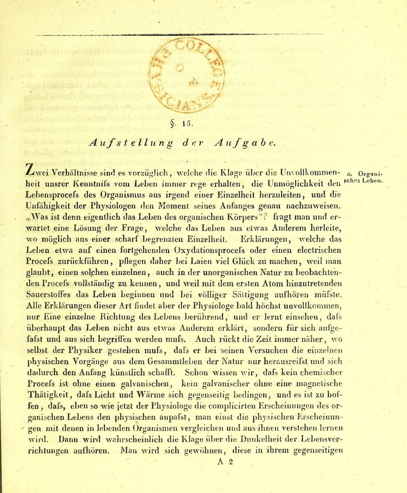§. 15. A ufs t e ll un g der Au f g a b e. Ziwci Verhältnisse sind es vorzüglich, welche die Klage über die Unvollkommen- a, heit unsrer Kenntnifs vom Lehen immer rege erhalten, die Unmöglichkeit den sch Lebensprocefs des Organismus aus irgend einer Einzelheit herzuleiten, und die Unfähigkeit der Physiologen den Moment seines Anfanges genau nachzuweisen. „Was ist denn eigentlich das Leben des organischen Körpers’’? fragt man und er- wartet eine Lösung der Frage, welche das Leben aus etwas Anderem herleite, wo möglich aus einer scharf begrenzten Einzelheit. Erklärungen, Avelche das Leben etwa auf einen fortgehenden Oxydationsprocefs oder einen electrischen Procefs zurückführen, pflegen daher bei Laien viel Glück zu machen, weil man glaubt, einen solchen einzelnen, auch in der unorganischen Natur zu beobachten- den Procefs vollständig zu kennen, und weil mit dem ersten Atom hinzutretenden Sauerstoffes das Leben beginnen und bei völliger Sättigung aufhören müfste. Alle Erklärungen dieser Art findet aber der Physiologe bald höchst unvollkommen, nur Eine einzelne Richtung des Lebens berührend, und er lernt einsehen, dafs überhaupt das Leben nicht aus etwas Anderem erklärt, sondern für sich aufge- fafst und aus sich begriffen werden mufs. Auch rückt die Zeit immer näher, wo selbst der Physiker gestehen mufs, dafs er bei seinen Versuchen die einzelnen physischen Vorgänge aus dem Gesammtleben der Natur nur herausreifst und sich dadurch den Anfang künstlich schafft. Schon wissen wir, dafs kein chemischer Procefs ist ohne einen galvanischen, kem galvanischer ohne eine magnetische Thätigkeit, dafs Licht und Wärme sich gegenseitig bedingen, und es ist zu hof- fen , dafs, eben so wie jetzt der Physiologe die complicirlen Erscheinungen des or- ganischen Lebens den physischen anpafst, man einst die physischen Erscheinun- gen mit denen in lebenden Organismen vergleichen und aus ihnen verstehen lernen wird. Dann wird wahrscheinlich die Klage über die Dunkelheit der Lebensver- richtungen aufhören. Man wird sich gewöhnen, diese in ihrem gegenseitigen A 2 Organi- s Leben.