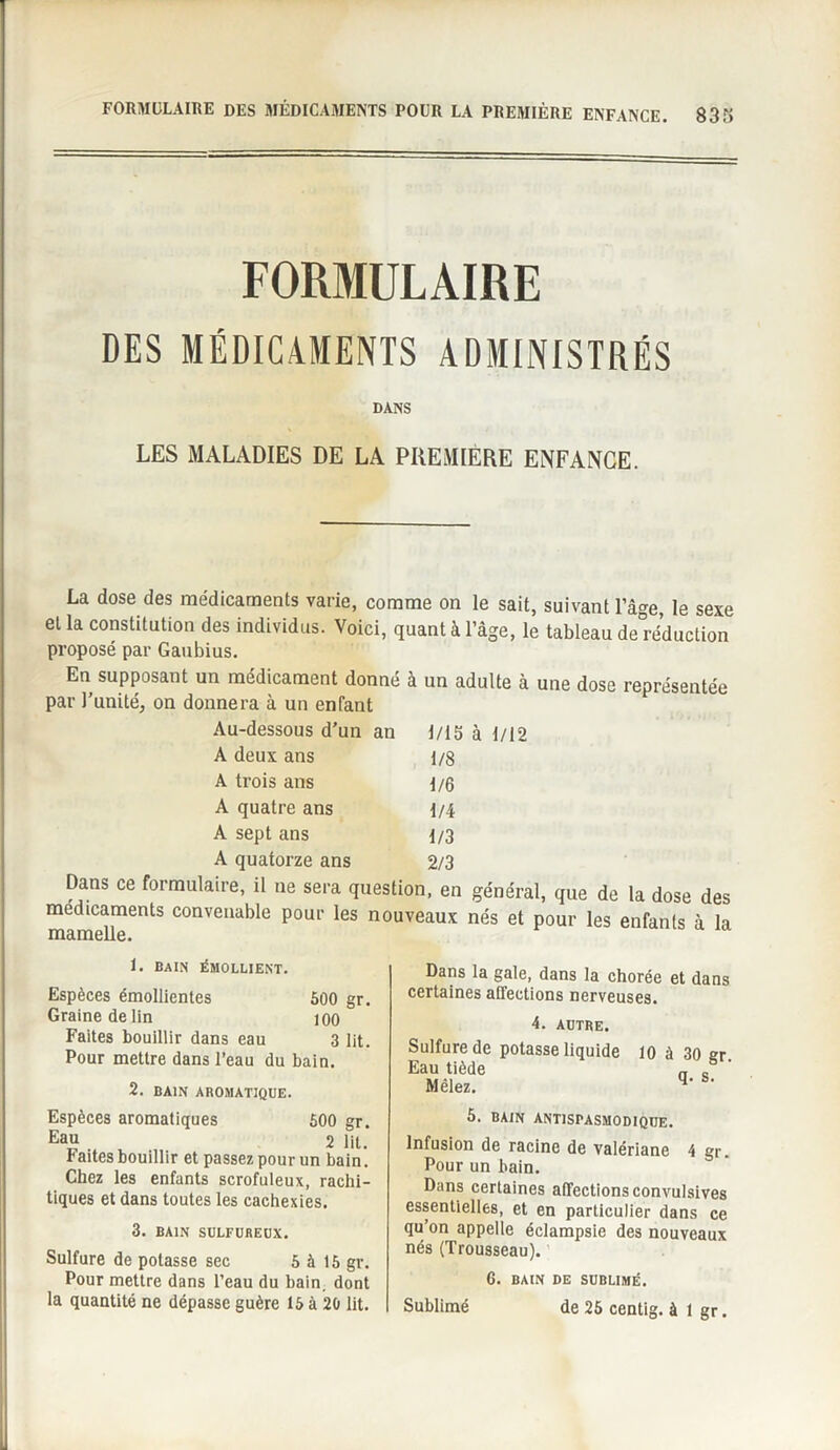 FORMULAIRE DES MÉDICAMENTS ADMINISTRÉS DANS LES MALADIES DE LA PREMIERE ENFANCE. La dose des me'dicarnents varie, comme on le sait, suivant l’âge, le sexe et la constitution des individus. Voici, quant à l’âge, le tableau de réduction proposé par Gaubius. En supposant un médicament donné à un adulte à une dose représentée par l’unité, on donnera à un enfant Au-dessous d’un an 1/15 à 1/12 A deux ans 1/8 A trois ans 1/6 A quatre ans 1/4 A sept ans 1/3 A quatorze ans 2/3 Dans ce formulaire, il ne sera question, en général, que de la dose des médicaments convenable pour les nouveaux nés et pour les enfants à la 1. bain émollient. Espèces émollientes 500 gr. Graine de lin 100 Faites bouillir dans eau 3 lit. Pour mettre dans l’eau du bain. 2. BAIN AROMATIQUE. Espèces aromatiques 500 gr. Eau 2 lit. Faites bouillir et passez pour un bain. Chez les enfants scrofuleux, rachi¬ tiques et dans toutes les cachexies. 3. BAIN SULFUREUX. Sulfure de potasse sec 5 à 15 gr. Pour mettre dans l’eau du bain, dont la quantité ne dépasse guère 15 à 20 lit. Dans la gale, dans la chorée et dans certaines affections nerveuses. 4. AUTRE. Sulfure de potasse liquide 10 à 30 er Eau tiède „ e Mêlez. q’ s> 5. BAIN ANTISPASMODIQUE. Infusion de racine de valériane 4 gr. Pour un bain. Dans certaines affections convulsives essentielles, et en particulier dans ce qu’on appelle éclampsie des nouveaux nés (Trousseau). 6. BAIN DE SUBLIMÉ. Sublimé de 25 centig. à 1 gr.