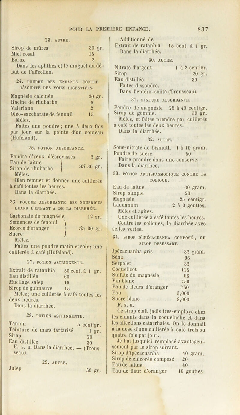 23. AUI RE. Sirop de mûres 30 gr. Miel rosat 15 Borax 2 Dans les aphthes et le muguet au dé¬ but de l’affection. 24. POUDRE DES ENFANTS CONTRE L’ACIDITÉ DES VOIES DIGESTIVES. Magnésie calcinée 30 gr. Racine de rhubarbe 8 Valériane 2 Oléo-saccharate de fenouil 15 Mêlez. Faites une poudre ; une à deux fois par jour sur la pointe d’un couteau (Hufeland). Additionné de Extrait de ratanhia 15 cent, à 1 gr. Dans la diarrhée. 30. AUTRE. Nitrate d'argent l à 2 centigr. Sirop 20 gr. Eau distillée 30 Faites dissoudre. Dans l’entéro-colite (Trousseau). 31. MIXTURE ABSORBANTE. Poudre de magnésie 25 à 40 centigr. Sirop de gomme. 30 gr. Mêlez, et faites prendre par cuillerée à café toutes les deux heures. Dans la diarrhée. 32. AUTRE. 25. POTION ABSORBANTE. Poudre d’yeux d’écrevisses 2 gr. Eau de laitue ) Sirop de rhubarbe j aa ^ £*’• Mêlez. Bien remuer et donner une cuillerée à café toutes les heures. Dans la diarrhée. 2G. POUDRE ABSORBANTE DES NOURRICES QUAND L’ENFANT A DE LA DIARRHÉE. Carbonate de magnésie 12 gr. Semences de fenouil \ Ecorce d’oranger > aa 30 gr. Sucre ) Mêlez. Faites une poudre matin et soir; une cuillerée à café (Hufeland). 27. POTION ASTRINGENTE. 50 cent, à 1 gr. 60 15 15 Extrait de ratanhia Eau distillée Mucilage salep Sirop de guimauve Mêlez; une cuillerée à café toutes les deux heures. Dans la diarrhée. 28. POTION ASTRINGENTE. Tannin 5 centigr. Teinture de mars tartarisé l gr. Sirop 20 Eau distillée 30 F. s. a. Dans la diarrhée. — (Trous¬ seau). Julep 29. AUTRE. Sous-nitrate de bismuth 1 à 10 gram. Poudre de sucre 50 Faire prendre dans une conserve. Dans la diarrhée. 33. POTION ANTISPASMODIQUE CONTRE LA COLIQUE. Eau de laitue 60 gram. Sirop simple 20 Magnésie 25 centigr. Laudanum 2 à 3 gouttes. Mêlez et agitez. Une cuillerée à café toutes les heures. Contre les coliques, la diarrhée avec selles vertes. 34. sirop d’ipécacuanha composé, ou SIROP DESESSART. Ipécacuanha gris 32 gram Séné 96 Serpolet 32 Coquelicot 125 Sulfate de magnésie 96 Vin blanc 750 Eau de fleurs d’oranger 750 Eau 3,000 Sucre blanc 8,000 F. s. a. Ce sirop était jadis très-employé chez les enfants dans la coqueluche et dans les affections catarrhales. On le donnait à la dose d’une cuillerée à café trois ou quatre fois par jour. Je l’ai jusqu’ici remplacé avantageu¬ sement par le sirop suivant. Sirop d’ipécacuanha 40 gram. Sirop de chicorée composé 20 Eau de laitue 40 Eau de fleur d’oranger 10 gouttes 50 gr.