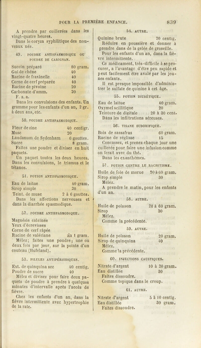 A prendre par cuillerées dans les vingt-quatre heures. Dans le coryza syphilitique des nou¬ veaux nés. 49. rOUDRE ANTISPASMODIQUE OU POUDRE DE CARIGNAN. Succin préparé 80 gram. Gui de chêne 40 Racine de fraxinelle 40 Corne de cerf préparée 40 Racine de pivoine 20 Carbonate d’amm. 20 F. s. a. Dans les convulsions des enfants. Un gramme pour les enfants d’un an, 2 gr. à deux ans, etc. 50. POUDRE ANTISPASMODIQUE. Fleur de zinc 40 centigr. Musc 20 Laudanum de Sydenham G gouttes. Sucre 8 gram. Faites une poudre et divisez en huit paquets. Un paquet toutes les deux heures. Dans les convulsions, le trismus et le tétanos. 51. POTION ANTISPASMODIQUE. Eau de laitue 40 gram. Sirop simple 20 Teint, de musc 2 à 6 gouttes. Dans les affections nerveuses et dans la diarrhée spasmodique. 52. POUDRE ANTISPASMODIQUE. Magnésie calcinée Yeux d’écrevisses Corne de cerf râpée Racine de valériane aa 1 gram. Mêlez; faites une poudre; une ou deux fois par jour, sur la pointe d’un couteau (Hufeland). 53. PILULES ANTIPÉRIODIQUES. Ext. de quinquina sec 40 centig. Poudre de sucre 40 Mêlez et divisez pour faire deux pa¬ quets de poudre à prendre à quelques minutes d’intervalle après l’accès de fièvre. Chez les enfants d’un an, dans la fièvre intermittente avec hypertrophie de la rate. 54. AUTRE. Quinine brute 20 centig. Réduire en poussière et donner à prendre dans de la gelée de groseille. Pour les enfants d’un an, dans la fiè¬ vre intermittente. Ce médicament, très-difficile à se pro¬ curer, a l’avantage d’étre peu sapide et peut facilement être avalé par les jeu¬ nes enfants. II est presque impossible d’adminis¬ trer le sulfate de quinine à cet âge. 55. POTION DIURÉTIQUE. Eau de laitue 40 gram. Oxymel scillitique 20 Teinture de digitale 20 à 30 cent. Dàns les infiltrations séreuses. 66- TISANE SUDORIFIQUE. Bois de sassafras 60 gram. Racine de réglisse 15 Concassez, et prenez chaque jour une cuillerée pour faire une infusion comme on ferait avec du thé. Dans les exanthèmes. 57. POTION CONTRE LE RACH1T1SMK. Huile de foie de morue 20à60giam. Sirop simple 30 Mêlez. A prendre le matin, pour les enfants d’un an. 58. AUTRE. Huile de poisson 20 à 60 gram. Sirop 30 Mêlez. Comme la précédente. 59. AUTRE. Huile de poisson 20 gram. Sirop de quinquina 40 Mêlez. Comme la précédente. 60. INJECTIONS CAUSTIQUES. Nitrate d’argent 10 à 20 gram. Eau distillée 30 Faites dissoudre. Comme topique dans le croup. 61. AUTRE. Nitrate d’argent 5 à (0 centig. Eau distillée 30 gram. Faites dissoudre.