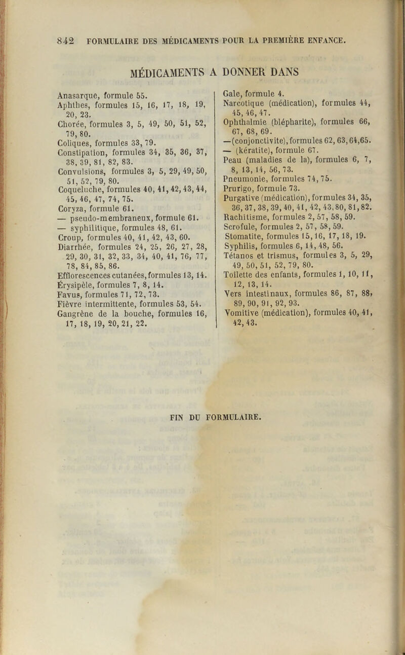 MÉDICAMENTS A DONNER DANS Anasarque, formule 55. Aphtlies, formules 15, 16, 17, 18, 19, 20, 23. Chorée, formules 3, 5, 49, 50, 51, 52, 79, 80. Coliques, formules 33, 79. Constipation, formules 34, 35, 36, 37, 38, 39, 81, 82, 83. Convulsions, formules 3, 5, 29, 49, 50, 51, 52, 79, 80. Coqueluche, formules 40, 41,42,43, 44, 45, 46, 47, 74, 75. Coryza, formule 61. — pseudo-membraneux, formule 61. — syphilitique, formules 48, 61. Croup, formules 40, 41, 42, 43, 60. Diarrhée, formules 24, 25, 26, 27, 28, 29, 30, 31, 32, 33, 34, 40, 41, 76, 77, 78, 84, 85, 86. Efflorescences cutanées, formules 13,14. Érysipèle, formules 7, 8, 14. Favus, formules 71, 72, 73. Fièvre intermittente, formules 53, 54. Gangrène de la bouche, formules 16, 17, 18, 19, 20, 21, 22. Gale, formule 4. Narcotique (médication), formules 44, 45,46, 47. Ophthaï mie (blépharite), formules 66, 67, 68, 69. — (conjonctivite), formules 62,63,64,65. — (kératite), formule 67. Peau (maladies de la), formules 6, 7, 8, 13, 14, 56, 73. Pneumonie, formules 74, 75. Prurigo, formule 73. Purgative (médication), formules 34, 35, 36, 37, 38, 39, 40, 41, 42, 43,80, 81,82. Rachitisme, formules 2, 57, 58, 59. Scrofule, formules 2, 57, 58, 59. Stomatite, formules 15,16, 17,18, 19. Syphilis, formules 6, 14, 48, 56. Tétanos et trismus, formules 3, 5, 29, 49, 50, 51, 52, 79, 80. Toilette des enfants, formules 1, 10, 11, 12, 13, 14. Vers intestinaux, formules 86, 87, 88, 89, 90, 91, 92, 93. Vomitive (médication), formules 40, 41, 42, 43. FIN DU FORMULAIRE.