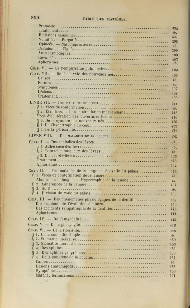 Pronostic. Traitement.V-V.V.V.V.V.V.Ï.Ï.Ï.Ï.V.V.V.V’ ib Émissions sanguines. 3gj Vomitifs. — Purgatifs. 398 Opiacés. — Narcotiques âcres. ’ ^ Belladone. — Ciguë.399 Antispasmodiques... /nn Révulsifs.402 Aphorismes.  Chap. VI. — De l’emphysème pulmonaire. 403 Chap. VII. — De l’asphyxie des nouveaux nés.. 499 Causes. ib Formes. ib. Symptômes.’ /j0Ÿ Lésions. 4Qg Traitement. 409 LIVRE VII. — Des maladies du coeur. 411 § 1. Vices de conformation. t-&. § 2. Établissement de la circulation indépendante. 413 Mode d’oblitération des ouvertures fœtales. 41G § 3. De la cyanose des nouveaux nés. 420 § 4. De l’hypertrophie du cœur. 422 § 5. De la péricardite. 424 LIVRE VIII. — Des maladies de la bouche. 425 Chap. I. — Des maladies des lèvres. ib, § 1. Adhérence des lèvres. § 2. Bourrelet muqueux des lèvres. ib. § 3. Du bec-de-lièvre. 426 Traitement. 428 Aphorismes. 432 Chap. II. — Des maladies de la langue et du voile du palais. 433 § 1. Vices de conformation de la langue. ib. Absence de la langue. — Hypertrophie de la langue. ib. § 2. Adhérences de la langue. 434 § 3. Du filet. (b. § 4. Division du voile du palais... 43g Chap. 111. — Des phénomènes physiologiques de la dentition. 437 Des accidents de l’évolution dentaire. 440 Des accidents sympathiques de la dentition. 442 Aphorismes. 444 Chap. IV. — De l’amygdalite. 445 Chap. V. — De la pharyngite. 446 Chap. VI. — De la stomatite. 448 § t. De la stomatite simple. ib. § 2. Stomatite ulcéreuse. 450 § 3. Stomatite mercurielle. 453 § 4. Des aphthes . 454 § 5. Des aphthes gangréneux. 456 § 6. De la gangrène de la bouche. 457 Causes. ib. Lésions anatomiques. 458 Symptômes. 459 Marche, terminaisons. 461