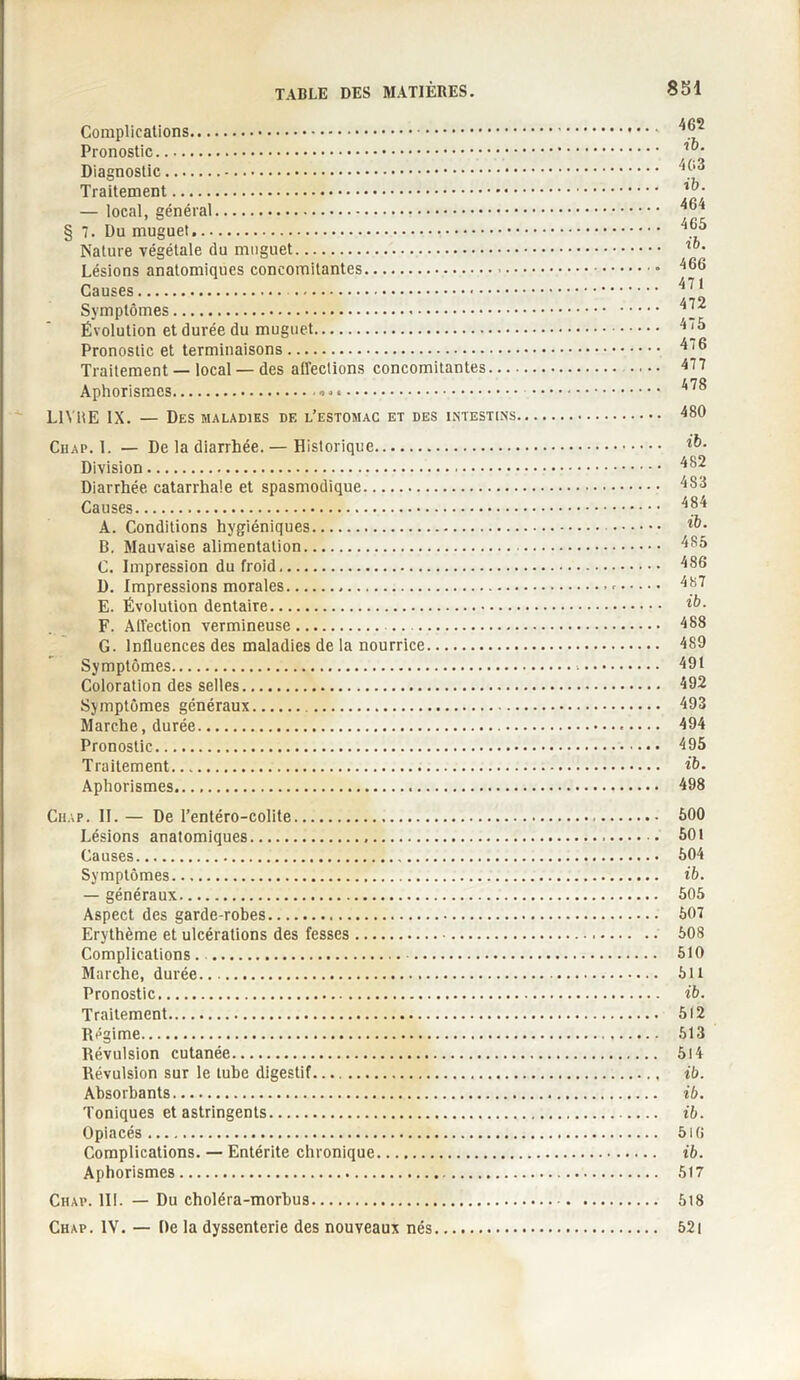 Complications. Pronostic. Diagnostic. Traitement. — local, général. § 7. Du muguet.... Nature végétale du muguet. Lésions anatomiques concomitantes. Causes... Symptômes. Évolution et durée du muguet. Pronostic et terminaisons. Traitement — local — des affections concomitantes- Aphorismes... LIVitE IX. — Des maladies de l’estomac et des intestins, Chap. 1. — De la diarrhée. — Historique. Division. Diarrhée catarrhale et spasmodique. Causes. A. Conditions hygiéniques. B. Mauvaise alimentation. C. Impression du froid. D. Impressions morales. E. Évolution dentaire. F. Alfection vermineuse.. G. Influences des maladies de la nourrice. Symptômes. Coloration des selles. Symptômes généraux. . Marche, durée. Pronostic. Traitement. Aphorismes. Chap. II. — De l’entéro-colite. Lésions anatomiques. Causes. Symptômes. — généraux. Aspect des garde-robes. Erythème et ulcérations des fesses. Complications... Marche, durée. Pronostic. Traitement. Régime. Révulsion cutanée. Révulsion sur le tube digestif. Absorbants. Toniques et astringents. Opiacés. Complications. — Entérite chronique. Aphorismes.. Chap. III. — Du choléra-morbus. Chap. IV. — De la dyssenterie des nouveaux nés. 462 ib. 403 ib. 464 465 ib. 466 471 472 475 476 477 478 480 ib. 482 4S3 484 ib. 485 486 487 ib. 488 489 491 492 493 494 495 ib. 498 500 501 504 ib. 505 507 508 510 511 ib. 512 513 514 ib. ib. ib. 516 ib. 517 518 521
