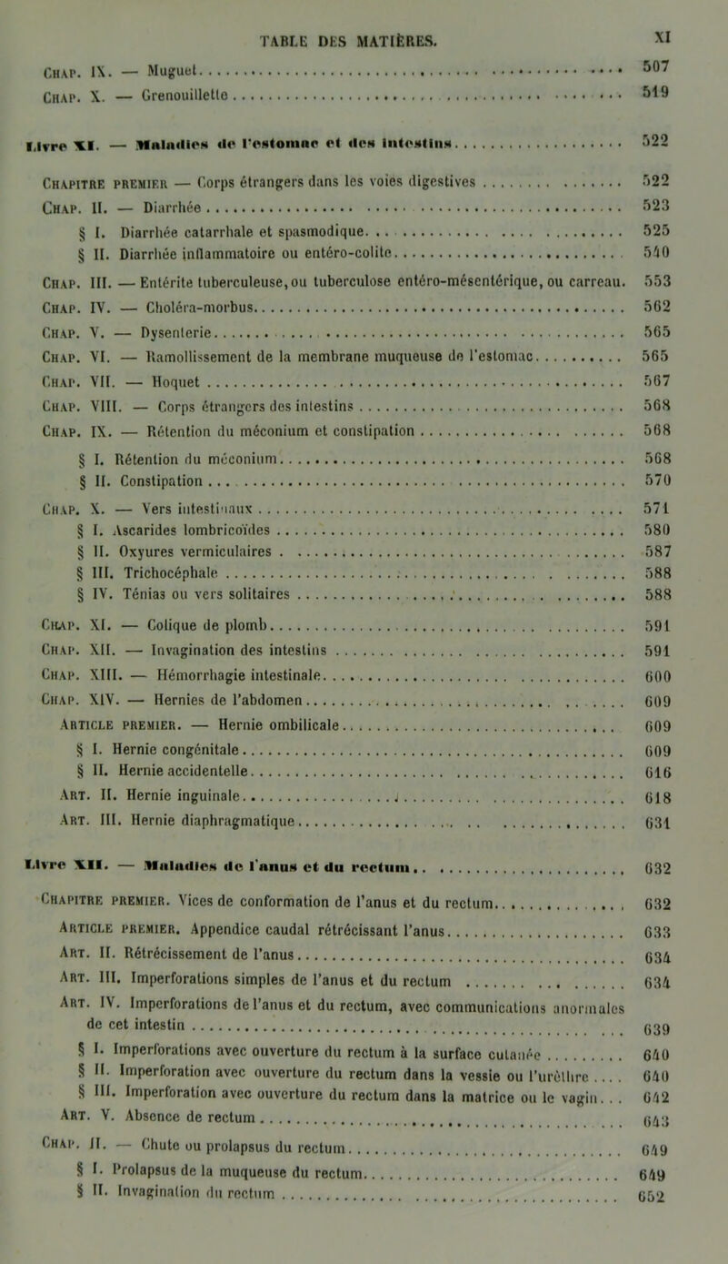 Chap. IX. — Muguet 507 Chap. x. — Grenouilletto 519 I.lvre XI. — .HhIimIIon de restomnc et «leu Int câlin* 522 Chapitre premier — Corps étrangers dans les voies digestives 522 Chap. II. — Diarrhée 523 § I. Diarrhée catarrhale, et spasmodique. .. 525 § II. Diarrhée inflammatoire ou entéro-colite 540 Chap. III. —Entérite tuberculeuse, ou tuberculose entéro-mésentérique, ou carreau. 553 Chap. IV. — Choléra-morbus 562 Chap. V. — Dysenterie 565 Chap. VI. — Ramollissement de la membrane muqueuse de l’estomac 565 Chap. VII. — Hoquet 567 Chap. VIII. — Corps étrangers des intestins 568 Chap. IX. — Rétention du méconium et constipation 568 § I. Rétention du méconium 568 § II. Constipation 570 Chap. X. — Vers intestinaux 571 § I. Ascarides lombricoïdes 580 § II. Oxyures vermiculaires 587 § III. Trichocéphale 588 § IV. Ténias ou vers solitaires ; 588 Chap. XI. — Colique de plomb 591 Chap. XII. — Invagination des intestins 591 Chap. XIII. — Hémorrhagie intestinale 600 Chap. XIV. — Hernies de l’abdomen 609 Article premier. — Hernie ombilicale 609 § I. Hernie congénitale 609 § II. Hernie accidentelle 616 Art. II. Hernie inguinale j 618 Art. III. Hernie diaphragmatique 631 I.lvre XII. — Hitliidics de lu nus et du rectum 632 Chapitre premier. Vices de conformation de l’anus et du rectum 632 Article premier. Appendice caudal rétrécissant l’anus 633 Art. II. Rétrécissement de l’anus 634 Art. III. Imperforations simples de l’anus et du rectum 634 Art. IV. Impcrforalions de l’anus et du rectum, avec communications anormales de cet intestin 639 <5 I. Imperforations avec ouverture du rectum à la surface cutanée 640 § II. Imperforation avec ouverture du rectum dans la vessie ou l’urèthre 640 § III. Imperforation avec ouverture du rectum dans la matrice ou le vagin. . . 642 Art. V. Absence de rectum 643 Chai». JI. — Chute ou prolapsus du rectum 649 § I. Prolapsus de la muqueuse du rectum 649