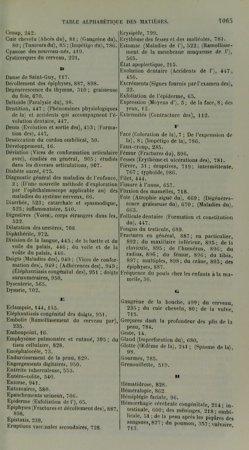 Croup, 242. Cuir chevelu (Abcès du), 81 ; (Gangrène du), 80; (Tumeurs du), 85 ; (Impétigo du), 786. Cyanose des nouveau-nés, 419. Cysticerques du cerveau, 221. i> Danse de Saint-Guy, 117. Décollement des épiphyses, 887, 898. Dégénérescence du thymus, 310; graisseuse du foie, 670. Deltoïde (Paralysie du), 98. Dentition, 447 ; (Phénomènes physiologiques de la) et accidents qui accompagnent l’é- volution dentaire, 447. Dents (Evolution et sortie des), 453; (Forma- tion des), 447. Dessiccation du cordon ombilical, 50. Développement, 16. Déviation (Vices de conformation articulaire avec), étudiés en général, 905; étudiés dans les diverses articulations, 907. Diabète sucré, 675. Diagnostic général des maladies de l'enfance, 2 ; (D’une nouvelle méthode d’exploration par l’ophthalmoscope applicable au) des maladies du système nerveux, 66. Diarrhée, 523; catarrhale et spasmodique, 525; inflammatoire, 540. Digestives (Voies), corps étrangers dans les, 522. Dilatation des uretères, 708 Diphthérite, 972. Division de la langue, 445; de la luette et du voile du palais, 446; du voile et de la voûte du palais, 446. Doigts (Maladies des), 949 ; (Vices de confor- mation des), 949; (Adhérences des), 949; (Éléphantiasis congénital des), 951 ; doigts surnuméraires, 950. Dysenterie, 565. Dysurie, 702. Erysipèle, 799. Erythème des fesses et des malléoles, 781. Estomac (Maladies de I’), 522; (Ramollisse- ment de la membrane muqueuse de I’), 565. État apoplectique, 215. Evolution dentaire (Accidents de 1’), 417, 456. Excréments (Signes fournis par l’examen des), 22. Exfoliation de l’épiderme, 65. Expression (Moyens d’), 5; de la face, 8; des yeux, 12. Extrémités (Contracture des), 112. F lace (Coloration de la), 7 ; De l’expression de la), 8; (Impétigo de la), 786. Faux-croup, 285. Fémur (Fractures du), 896. Fesses (Erythèmeet ulcérations des), 781. Fièvre, 31; éruptives, 719; intermittente, 767 ; typhoïde, 986. Filet, 444. Fissure à l’anus, 657. Fluxion des mamelles, 718. Foie (Atrophie aiguë du), 669 ; (Dégénéres- cence graisseuse du), 670 ; (Maladies du), 663. Follicule dentaire (Formation et constitution du), 447. Fongus du testicule, 6S9. Fractures en général, 887; en particulier, 892; du maxillaire inférieur, 895; de la clavicule, 895; de l'humérus, 89G; du radius, 896 ; du fémur, 896; du tibia, 897; multiples, 898; du crâne, 893; des épiphyses, 887. Fréquence du pouls chez les enfants à la ma- melle, 30. Ci F Eclampsie, 144, 145. Eléphantiasis congénital des doigts, 951. Embolie (Ramollissement du cerveau par), 235. Embonpoint, 16. Emphysème pulmonaire et cutané, 395 ; du tissu cellulaire, 828. Encéphalocèle, 73. Endurcissement de la peau, 829. Engorgements digitaires, 950. Entérite tuberculeuse, 553. Entéro-colite, 540. Entorse, 941. Entozoaires, 580. Epanchements urineux, 706. Epiderme (Exfoliation de F), 65. Epiphyses (Fractures et décollement des), 887, 898. Épistaxis, 239. Eruptions vaccinales secondaires, 728. Gangrèue de la bouche, 499; du cerveau, 235; du cuir chevelu, 80; de la vulve 715. Gerçures dans la profondeur des plis de la peau, 784. Geste, 14. Gland (Imperforation du), 680. Glotte (Œdème de la), 241 ; (Spasme de la), 98. 1 Gourmes, 785. Grenouillette, 519. il Hématidrose, 828. Héméralopie, 862. Hémiplégie faciale, 96. Hémorrhagie cérébrale congénitale, 214; in- testinale, 600; des méninges, 218; ombi- licale, 51 ; de la peau après les piqûres des sangsues, 827 ; du poumon, 357; vulvaire 713.