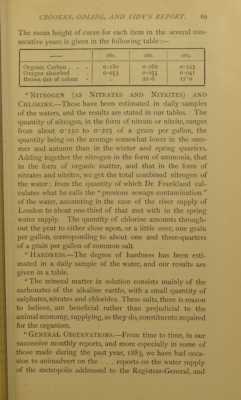 The mean height of curve for each item in the several con- secutive years is given in the following table:— 1881. 1882. 1883. Organic Carbon . 0 CO t—1 6 o-160 0-143 Oxygen absorbed 0-053 0-055 0-041 Brown tint of colour •• 21-6 i7’o “Nitrogen (as Nitrates and Nitrites) and Chlorine.—These have been estimated in daily samples of the waters, and the results are stated in our tables. The quantity of nitrogen, in the form of nitrate or nitrite, ranges from about O’150 to 0*225 of a grain per gallon, the quantity being on the average somewhat lower in the sum- mer and autumn than in the winter and spring quarters. Adding together the nitrogen in the form of ammonia, that in the form of organic matter, and that in the form of nitrates and nitrites, we get the total combined nitrogen of the water ; from the quantity of which Dr. Frankland cal- culates what he calls the “ previous sewage contamination ” of the water, amounting in the case of the river supply of London to about one-third of that met with in the spring water supply. The quantity of chlorine amounts through- out the year to either close upon, or a little over, one grain per gallon, corresponding to about one and three-quarters of a grain per gallon of common salt “ Hardness.—The degree of hardness has been esti- mated in a daily sample of the water, and our results are given in a table. “ The mineral matter in solution consists mainly of the carbonates of the alkaline earths, with a small quantity of sulphates, nitrates and chlorides. These salts, there is reason to believe, are beneficial rather than prejudicial to the animal economy, supplying, as they do, constituents required for the organism. “General Observations.—From time to time, in our successive monthly reports, and more especially in some of those made during the past year, 1883, we have had occa- sion to animadvert on the . . . reports on the water supply of the metropolis addressed to the Registrar-General, and