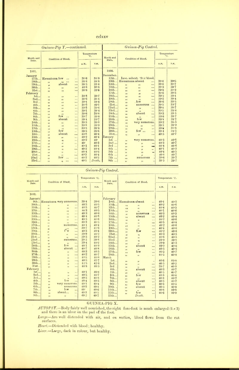 Guinea -Pig Y.— continued. Guin ea-Pig Control. 'temperature Temperature °c. °c. Month and Month and Date. Date. A.M. P.M. A.M. P.M. 1891. 1890. January December. 27th... Hwmatozoa few ... 38'6 3S-9 12th... Inoc. subcut. *2c.c blood. 28th... 38'6 38-8 13th .. Hcematozoa absent 39-6 39*5 29th... absent ... 38-5 39 6 14th... y 9 yy ••• 396 39-7 30 th... 40-5 38-8 15th... 9 y »» • •• 39-3 39-7 31st .. 38-8 39-8 16th... »y yy ••• 39-8 39-9 February 17th... yy yy 39-6 39-5 1st... 39'8 38-7 18th... yy *•* 39-2 39-4 2nd... 9 9 38‘6 38 6 19th... i y 9 9 ... 39‘2 39-4 3rd... I 9 39-4 39 6 20 th... ,, few 39-6 39-5 4th... 99 38-5 40-1 21st... numerous ... 39-5 397 5th... 9 9 39-3 39-6 22nd... yy 9 » ••• 39-4 39-7 6th... 39-1 39'4 23rd... 39-5 39-6 7th... 9 9 39-6 39'8 24th... absent 39-3 39 5 8th... few 39-7 39-8 25 th... few 396 397 9th . absent 39'4 39-7 26 th... 39'4 397 10th... 99 39 5 39-8 27th... very numerous. 39-2 39-5 11th... 9 9 ... 39-8 39‘9 28th... y y yy ••• 393 39-9 12th .. few 39-8 39'8 29th... ,, it 39-(» 39-8 13th... 39-5 39-8 30th... few ... 394 39-5 14th... absent ... 40‘8 40-4 31st... 40-5 40-7 15th .. > > 19 40'2 40-4 January 16th... 91 O 40-2 40- 1st ... 94 very numerous. 40-3 40'6 17th... 40- 40-3 2nd ... 99 40-3 40-7 18th... M 40-1 40-1 3rd ... it 40-4 40 6 19th... 99 ... 40-2 40-4 4th ... yy 59 ** 40-1 40-3 20th .. „ 40 4 40-6 5th ... yy 95 *’•* 40-4 405 21st... 99 ... 40-3 40'4 6th ... 40-8 40-7 22nd . few ... 40-2 40-5 7th ... numerous 39-6 39-7 23rd... 9 9 ... 40-1 Death. 8th ... yy 59 • • 39-5 39-7 Guinea-Pig Control. Month and Date, Condition of Blood. Temperature °C. Month and Date. Condition of Blood. Temperature °C. A.M, P.M. A.M. P.M. 1891. January February 9th... lisematozoa very numerous. 39-4 39-6 10th... H.-ematozoa absent 40-4 40-5 10th... , 15 40-3 40-5 11th... 40-2 40-6 11th... II . . . 40-5 40-7 12th... 15 40-4 40-5 12th .. II 40-3 40-5 13th... 40-1 40-6 13th... 55 40 3 40-6 14th... numerous 40-3 40-5 14th... 5 5 • • ' 404 40-8 15th... absent ,,, 40-2 40-4 15th... 51 40-5 40-6 16th.. 40-2 40-6 16th . 5 5 ** • 403 40-5 17th... 19 ... 40-5 40-4 17th... numerous. 40-1 40-4 18th... 51 40-2 40-6 18th... 15 ... 39-7 40-3 19th... few 40-4 40-6 19th... fw 40-3 40-4 20th... 40-2 40-6 20th... 55 39-9 40-2 21st... 40-3 40-5 21st... yy 55 39-5 40-2 22nd... . . . 40-6 40-5 22nd... numerous. 39 5 39-8 23 rd .. 39-9 39-8 23rd... 5» 39-4 40-2 24th... 39-9 40-5 24 th... few 401 40-9 25 th... absent 40-2 40 6 25th... absent .. 40-7 40'8 26th... 40-5 40-6 26th . 51 ••• 40-3 40-5 27th... few 40‘5 40-7 27th... 55 40-2 40-7 28th... . 40-5 40-8 28th... 15 40*5 40-8 March 29th... t y »5 40‘5 41-7 1st... 40-6 40-8 30 th... yy 15 4f5 41-6 2nd... 40-5 40-2 31 at.. ♦ 5 40-8 40-5 3rd . ... 39-7 40-5 February 4 th... absent ... 40-3 40-7 1st... y f 55 40-1 40-8 5th... 40-5 40-7 2nd... t y 51 40-5 40-7 6 th... few 40-5 40-6 3rd... y j 55 ••• 40-5 40-8 7th... 40-3 40-7 4 th... i» few 40-4 40-5 8th... absent 40-5 40-7 5th... yy very numerous. 40-1 40-4 9th . few 40-5 40-6 6th... i y numerous. 40-5 40-4 10th. . absent 40-5 40-9 7 th... ii few 40- 40-6 11th... 40-8 40-8 8th... y i absent... 40-3 40-5 12th... few 40-6 40-9 9 th... »» 51 40-2 40-7 13th... Death. GUINEA-PIG X. AUTOPSY.—Body fairly well nourished, the right fore-foot is much enlarged (4 x 1) and there is an ulcer on the pad of the foot. Lungs—Are well distended with air, and on section, blood flows from the cut surfaces. Heart.—Distended with blood ; healthy. Liver.—Large, dark in colour, but healthy.