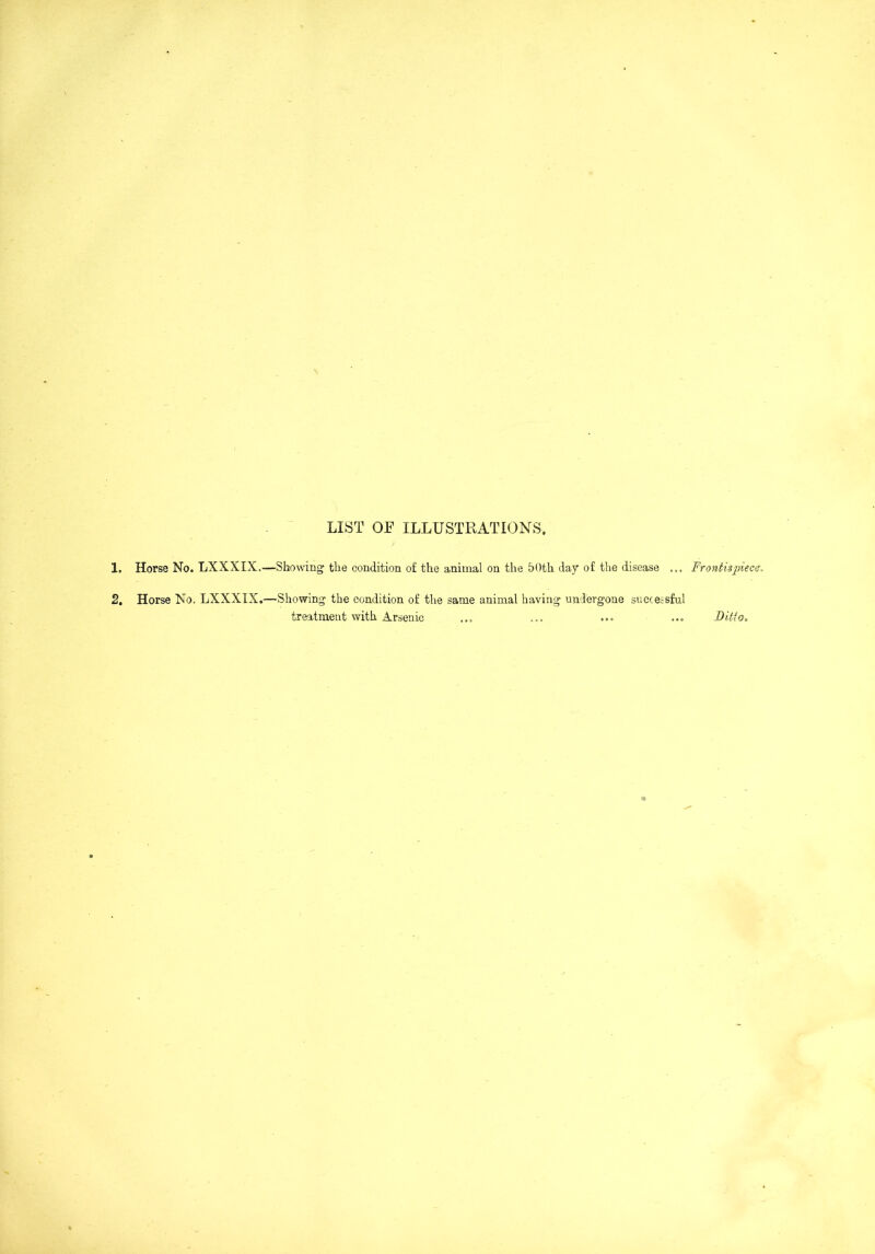 LIST OF ILLUSTRATIONS. 1. Horse No. LXXXIX. —Showing the condition of the animal on the 50th day of the disease ... Frontispiece. 2. Horse No. LXXXIX.—Showing the condition of the same animal having undergone successful treatment with Arsenic Ditto,