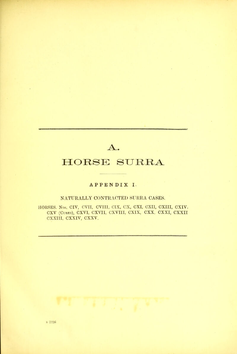 A_. HORSE SURRA APPEN DIX I. NATURALLY CONTRACTED SURRA CASES. HORSES. Nos. CIV, CVII, CYIII, CIX, CX, CXI, CXII, CXIII, CXIY, CXY (Cubed), CXVI, CXVII, CXVIIX, CXIX, CXX, CXXI, CXXII CXXIII, CXXIV, CXXV. n 223S