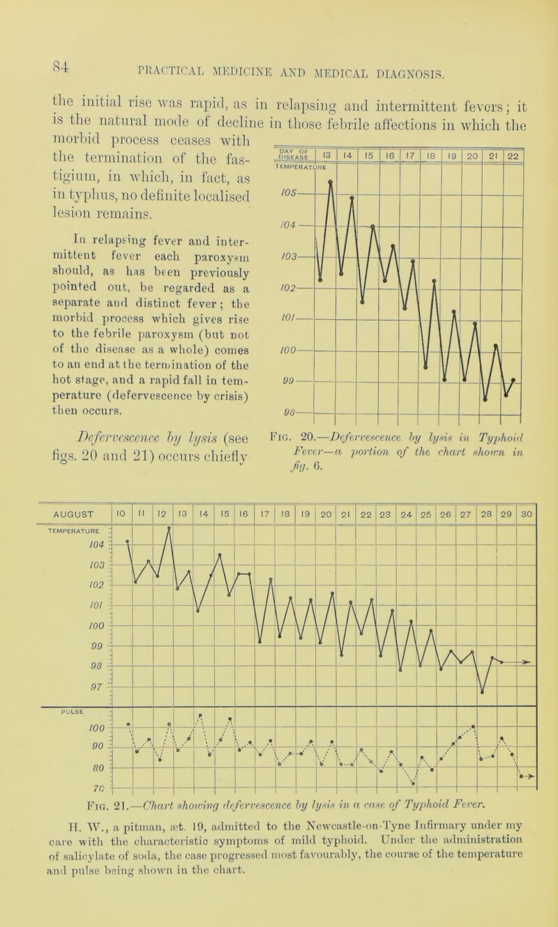 tlie initial rise rvas ra2)id, as in relapsing and intermittent fevers; it is the natural mode ot decline in those febrile aflectioiis in rvhich the morbid process ceases witli the termination of tlie fas- tigiunp in rvliich, in fact, as in typhus, no definite localised lesion remains. Ill relapsing fever and iiiter- niitteut lever each paroxysm should, as has been previously pointed out, be regarded as a separate and distinct fever; the morbid process which gives rise to the febrile paroxysm (but not of the disease as a whole) comes to an end at the termination of the hot stage, and a rapid fall in tem- perature (defervescence by crisis) then occurs. Defervescence hy lysis (see figs. 20 and 21) occurs chiefiy Fig. 20.—Deferrescence hy lyxU in Typhohl Fever—a ])orlion of the chart nhown in <>• Frc. 21.—Chart fihoicivfj defervescence hy lysis in a case of Typhoid Fever. H. W., a pitman, ;et. 10, admitted to tlie Newcastle-on-Tyne Infirmary under my care with the characteristic symptoms of mild typhoid. Under the administration of salicylate of soda, the case progressed most favourably, the course of the temperature and pulse being sliown in tlie chart.