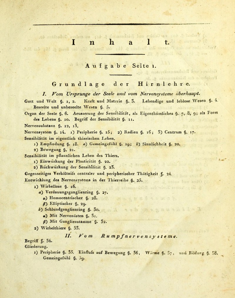 I Aufgabe Seite i. Grundlage der Hirnlehre. I. Kom Ursprünge der Seele und vorn Nervensysteme überhaupt. Gott und Welt ß. l» 2. Kraft und Materie ß. 5. Lebendige und leblose Wesen ß. 4. Beseelte und unbeseelte Wesen ß. 5. Organ der Seele ß. 0. Aeusserung der Sensibilität, als Eigentümliches ß. , 8, 9; als Form des Lebens ß. 10. Begriff der Sensibilität ß. 11. Nervensubstanz ß. 12, i3. Nervensystem ß. i4. i) Peripherie ß. i5; 2) Radien ß. 16; 5) Centrum ß. 17. Sensibilität im eigentlich thierischen Leben. 1) Empfindung ß. 18. a) Gemeingefühl ß. 19; Sinnlichkeit ß. 20. 2) Bewegung ß. 21. Sensibilität im pflanzlichen Leben des Thiers. 1) Einwürkung der Plasticität ß. 22. 2) Rückwürkung der Sensibilität ß. 23. Gegenseitiges Verhältnis centraler und peripherischer Thätigkeit §. 24. Entwicklung des Nervensystems in der Thierreihe ß. 25. 1) Wirbellose ß. 26. a) Verdauungsganglienring ß. 27. et) Ilomocentrischer ß. 28. ß) Elliptischer ß. 29. h) Schlundganglienring ß. 00. «0 Mit Nervenästen ß. 3i. ß) Mit Ganglienstamme ß. 32. 2) Wirbeltiere ß. 5.3. X \ II. Ko m Rumpfnervensy sterne. Begriff 54. Gliederung. j) Peripherie ß. 35. Einflufs auf Bewegung ß. 36, Wärme ß. 5“, Gemeingefühl ß. 59. und Bildurg ß. 58.