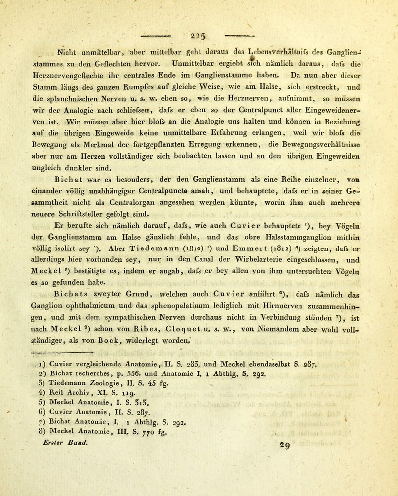 Nicht unmittelbar, aber mittelbar gebt daraus das Lebensverhältnifs des Ganglien- stammes zu den Geflechten hervor. Unmittelbar ergiebt sich nämlich daraus, dals die Herznervengeflechte ihr centrales Ende im Ganglienstamme haben. Da nun aber dieser Stamm längs des ganzen Rumpfes auf gleiche Weise, wie am Halse, sich erstreckt, und die splanchnischen Nerven u. s. w. eben so, wie die Herznerven, aufnimmt, so müssen wir der Analogie nach sclfliefsen, dafs er eben so der Centralpunct aller Eingeweidener- ven ist. Wir müssen aber hier blofs an die Analogie uns halten und können in Beziehung auf die übrigen Eingeweide keine unmittelbare Erfahrung erlangen, weil wir blofs die Bewegung als Merkmal der fortgepflanzten Erregung erkennen, die Bewegungsverhältnisse aber nur am Herzen vollständiger sich beobachten lassen und an den übrigen Eingeweideu ungleich dunkler sind. Bichat war es besonders, der den Ganglienstamm als eine Reihe einzelner, voa einander völlig unabhängiger Centralpuncte ansah, und behauptete, dafs er in seiner Ge- sammtheit nicht als Centralorgan angesehen werden könnte, worin ihm auch mehrere neuere Schriftsteller gefolgt sind. Er berufte sich nämlich darauf, dafs, wie auch Cuvier behauptete r), bey Vögeln der Ganglienstamm am Halse gänzlich fehle, und das obre Halsstammganglion mithin völlig isolirt sey Aber Tiedemann 08lo) ’) und Emmert (1812) 1 2 * 4 5) zeigten, dafs er allerdings hier vorhanden sey, nur in den Canal der Wirbelarterie eingeschlossen, und Meckel s) bestätigte es, indem er angab, dafs er bey allen von ihm untersuchten Vögelq es so gefunden habe. Bichats zweyter Grund, welchen auch Cuvier anführt 6)f dafs nämlich das Ganglion ophthalmicum und das sphenopalatinum lediglich mit Hirnnerven zusammenhin- gen, und mit dem sympathischen Nerven durchaus nicht in Verbindung stünden 7), ist nach Meckel 8) schon von Ribes, Cloquet u, s. W., von Niemandem aber wohl voll- ständiger, als von Bock, widerlegt worden,. 1) Cuvier vergleichende Anatomie, II. S. 285, und Meckel ebendaselbst S. 287. 2) Bichat recherches, p. 556. und Anatomie I, 1 Abtblg, S, 292. 5) Tiedemann Zoologie, II, S. 45 fg. 4) Reil Archiv, XI. S. 119. 5) Meckel Anatomie, I. S. 315, 6) Cuvier Anatomie, II. S. 287. 7) Bichat Anatomie, I. 1 Abthlg. S. 292. 8) Meckel Anatomie, III, S. 770 fg. Erster Band. 29