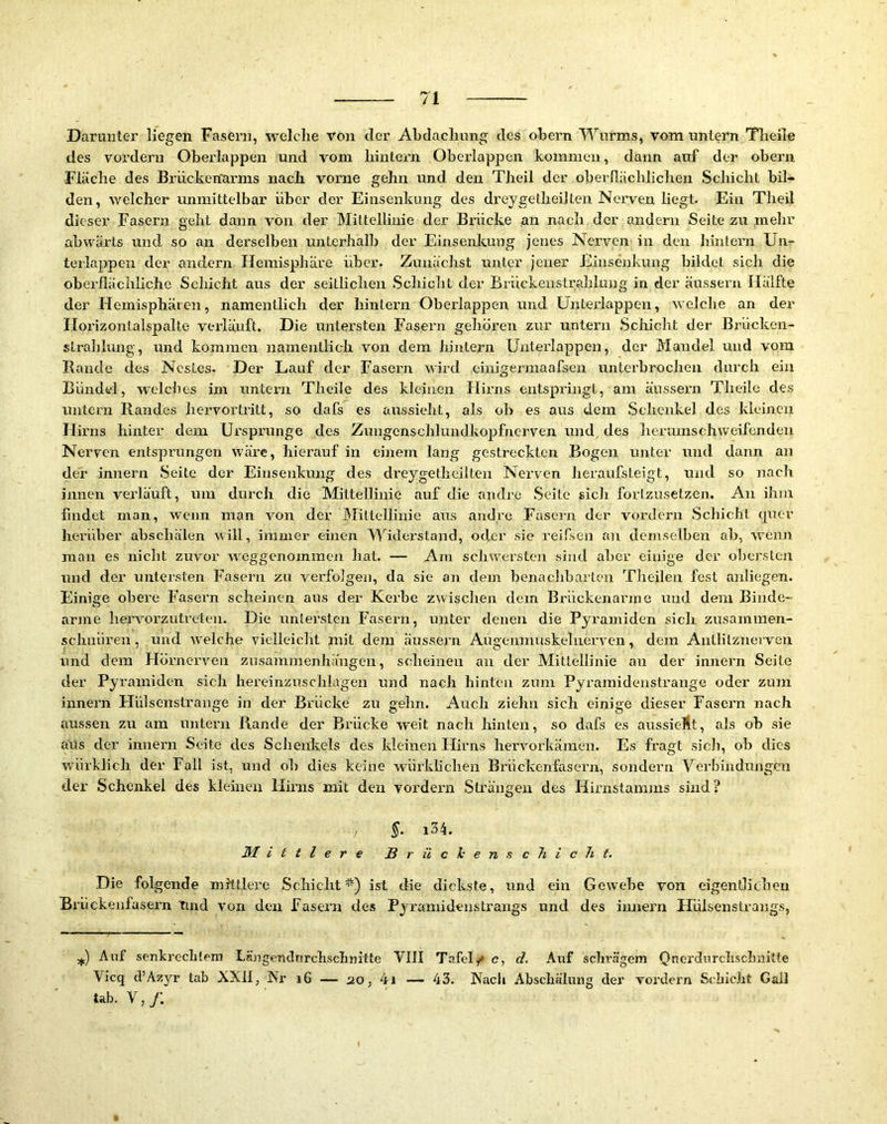 Darunter liegen Fasern, welche von der Abdachung des obern Wurms, vom untern Tlieile des vordem Oberlappen und vom hinter-n Oberlappen kommen, dann auf der obern Fläche des Brückennrms nach vorne gehn und den Theil der oberflächlichen Schicht bil- den, welcher unmittelbar über der Einsenkung des dreygetheilten Nerven liegt. Ein Theil dieser Fasern geht dann von der Mittellinie der Brücke an nach der andern Seite zu mehr abwärts und so an derselben unterhalb der Einsenlcuug jenes Nerven in den hinfern Un- terlappen der andern Flemisphäre über. Zunächst unter jener Einsenkung bildet sich die oberflächliche Schicht aus der seitlichen Sclücht der Brückenstrahlung in der äussern Hälfte der Hemisphären, namentlich der hintern Oberlappen und Unterlappen, welche an der florizontalspalte verläuft. Die untersten Fasern gehören zur untern Schicht der Bröcken- strahlung, und kommen namentlich von dem Jnntern ünterlappen, der Mandel und vom Rande des Nestes. Der Lauf der Fasern wird einigermaafsen unterbrochen durch ein Bündel, welches im untern Theile des kleinen Hirns entspringt, am äussern Theile des untern Randes hervortritt, so dafs es aussieht, als ob es aus dem Schenkel des kleinen Hirns hinter dem Ursprünge des Zungenscldundkopfnerven und, des heramschweifenden Nerven entsprungen wäi’c, hierauf in einem lang gestreckten Bogen unter und dann an der innern Seite der Einsenkung des di'eygetheilten Nerven heraufsteigt, und so nach, innen verläuft, um durch die Mittellinie auf die andre Seite sich forlzusetzen. An ihm findet man, wenn man von der Mittellinie aus andre Fasern der vordem Schicht fpier herüber absebälen will, immer einen Widerstand, oder sie reifsen an demselben ab, wenn man es nicht zuvor weggenommen hat. — Am schwei’sten sind aber einige der obersten und der untersten Fasern zu verfolgen, da sie an dem benachbarten Theilen fest anliegen. Einige obere h'asern scheinen aus der Kerbe zwischen dem Brückenarme und dem Binde- arme heiworzulreten. Die unlersten Fasern, unter denen die Pyramiden sich zusammen- schnüren, und welche vielleicht mit dem äussern Augenmuskelnerven, dem Antlitzneiven und dem Hörnerven Zusammenhängen, scheinen an der Mittellinie an der innern Seile der Py i'amiden sich hereinzuschlagen und nach hinten zum Pyramidenstrange oder zum innern Hülsenstrange in der Brücke zu gehn. Auch ziehn sich einige dieser Fasern nach aussen zu am untern Rande der Brücke weit nach hinten, so dafs es aussieAt, als ob sie a'us der innern Seite des Schenkels des kleinen Hirns hervorkämen. Es fragt sich, ob dies würklich der Fall ist, und ob dies keine würklichen Brückenfasern, sondern Verbindungen der Schenkel des kleinen Hirns mit den vordem Strängen des Hirnstamms sind? - §. i34. ilf i t t l e r e B r ü c k e n s c 7i i c h t. Die folgende mittlere Schicht*) ist die dickste, und ein Gewebe von eigentlichen Brückenfasem Und von den Fasern des Pj'ramidenstrangs und des innei’n Hülsenstrangs, ^ Auf senkreclifeni Längenclnrchsclinitte VIII Tafel / c, d. Auf schrägem Qnerdurclischnitfe Vicq d’Azyr tab XXII, Nr i6 — ao, 4i — 43. Nach Abschälung der vordem Schicht Gail tab. V,/.