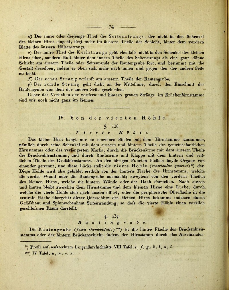 / 74 d) Der innre oder derjenige Theil des Seitenstrangs, der nicht in den Schenkel des kleinen Hirns eingeht, liegt mehr im äussern Theile der Scliicht, hinter dem vordem Blatte des äussem Hülsenstrangs. e) Der innre Theil des Keilstrangs geht ebenfalls nicht in den Schenkel des kleinen Hirns über, sondern läuft hinter dem innern Theile des Seilenstrangs als eine ganz dünne Schicht am äussern Theile oder Seitenrande der Rautengruhe fort, und bestimmt mit die Gestalt derselben, indem er oben sich mehr nach innen und gegen den der andern Seite zu lenkt. f) Der zarte Strang verläuft am h'ussem Theile der Rautengrube. g) Der runde Strang geht dicht an der Mittellinie, durch den Einschnitt der Rautengrube von dem der andern Seite geschieden. Ueber das Verhalteji der vordem und hintern grauen Stränge im Brückenhirnstamme sind wir noch nicht ganz im Keinen. IV. Von der vierten Höhle. §. i36. Vierte H ö h l e. Das kleine Hirn hängt nur an einzelnen Stellen mit dem Hirnstamme zusammen, nä’mlich durch seine Schenkel mit dem äussern und hintern Theile des gemeinschaftlichen Himstamms oder des verlängerten Marks, durch die Brückenärme mit dem äussem Theile des Brückenhirnstamms, und durch Bindeänne und Klappe mit dem hintern und seit- lichen Theile des Grofshirnstamms. An den übrigen Puncten bleiben beyde Organe von einander getrennt, und diese Lücke stellt che vierte Höhle (ventriculus quartus)*) dar. Diese Höhle wird also gebildet erstlich von der hintern Fläche des Hirnstamms, welche die Vordre Wand oder die Rautengrube ausmacht; zweytens von den vordem Theilen des kleinen Hirns, welche die hintern Wände oder das Dach darstellen. Nach aussen und hinten bleibt zwischen dem Himstamme und dem kleinen Hirne eine Lücke, durch, welche die vierte Höhle sich n>ch aussen öffnet, oder die peripherische Oberfläche in die centrale Fläche übergeht: dieser Querschlitz des kleinen Hirns bekommt indessen durch Gefäfshaut und Spinnwebenhaut Seitenwandung, so dafs die vierte Höhle einen wirklich geschlofsnen Raum darstellt, ’ ^ §. 137. / Rauten grube. Die Rautengrube {fossa rhomboidalis') **) ist die hintre Fläche des Brückenhirir- stamms oder der hintern Brückenschicht, indem der Hirnstamm durch das Auseinander- '^) Profil auf senkrechtem Längendurchschnitte VIII Tafel e.^f,g,h,l.^u.^i.