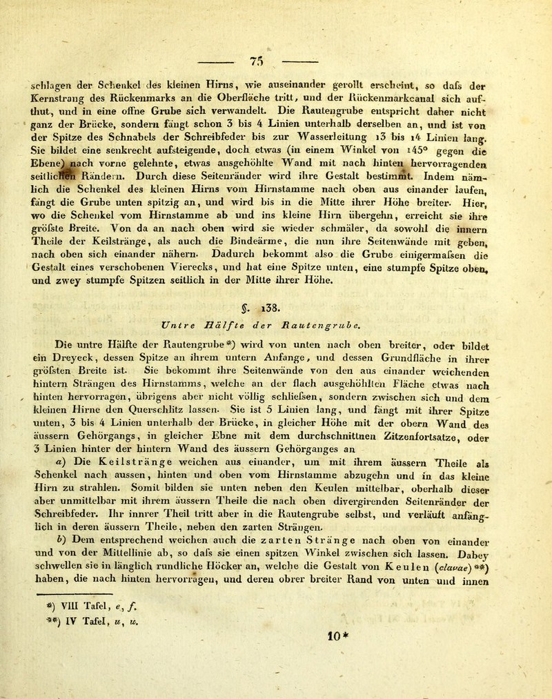 schlagen der Sclienkel des kleinen Hirns, wie auseinander gerollt erscheint, so dafs der ICernstrang des Rückenmarks an die Oberfl«che tritt, und der luickenmarkcanal sich auf- thut , und in eine offne Grube sich verwandelt. Die Raulen grübe entspriclit daher nicht ganz der Brücke, sondern fangt schon 3 bis 4 Linien unterhalb derselben an, und ist von der Spitze des Schnabels der Schreibfeder bis zur Wasserleitung i3 his i4 Linien lang. Sie bildet eine senkrecht aufsteigende, doch etwas (in einem Winkel von i45® gegen die Ebene) nach vorne gelehnte, etwas ausgehöhlte Wand mit nach hinten hervorragenden seitlic^^ Rändern. Durch diese Seitenränder wird ihre Gestalt bestimmt. Indem näm- lich die Schenkel des kleinen Hirns vom Hii-nstamme nach oben aus einander laufen, fängt die Grube unten spitzig an, und wird bis in die Mitte ihrer Höhe breiter. Hier, wo die Schenkel vom Hirnstamme ab und ins kleine Hirn übergehn, erreicht sie ihre gröfste Breite. Von da an nach oben wird sie wieder schmäler, da sowohl die innern Theile der Keilstränge, als auch die Bindeärme, die nun ihre Seitenwände mit geben, nach oben sich einander nähern. Dadurch bekommt also die Grube einigermafsen die Gestalt eines verschobenen Vierecks, und hat eine Spitze unten, eine stumpfe Spitze obeti, und zwey stumpfe Spitzen seitlicli in der Mitte ihrer Höhe. §. i38. Untre Hälfte der Rautengruh e. Die untre Hälfte der Rautengrube^) wird von unten nadi oben breiter, oder bildet ein Dreyeck, dessen Spitze an ihrem untern Anfänge, und dessen Grundfläche in ihrer gi’öEsten Breite ist. Sie bekommt ihre Seitenwände von den aus einander weichenden hintern Strängen des Hirnstamms, Avelche an der flach ausgehöhllen Fläche etwas nach , hinten hervorragen, übrigens aber nicht völlig schliefsen, sondern zwischen sich und dem kleinen Hirne den Querschlitz lassen. Sie ist 5 Linien lang, und fängt mit ilxrer Spitze unten, 3 bis 4 Linien unterhalb der Brücke, in gleicher Höhe mit der obern Wand des äussern Gehörgangs, in gleicher Ebne mit dem durchschnittnen Zitzenfortsatze, oder 3 Linien hinter der hintern Wand des äussern Gehörganges an a) Die Keilstränge weichen aus einander, um mit ihrem äussern Theile als Schenkel nach aussen, hinten und oben vom Hirnstamme abzugehn und in das kleine Hirn zu strahlen. Somit bilden sie unten neben den Keulen mittelbar, oberhalb dieser aber unmittelbar mit ihrem äussern Theile die nach oben divergirenden Seitenränder der .Schreibfeder. Ihr innrer Theil tritt aber in die Rautengrube selbst, und verläuft anfäng- lich in deren äussern Theile, neben den zarten Strängen. b) Dem entsprechend weichen auch die zarten Stränge nach oben von einander und von der Mittellinie ab, so dafs sie einen spitzen Winkel zwischen sich lassen. Dabey^ schwellen sie in länglich rundliche Höcker an, welche die Gestalt von Keulen (^clanae)^*) haben, die nach hinten hervorrageii, und deren obrer breiter Rand von unten und innen «) VIII Tafel, e,/. IV Tafel, u, n. 10*