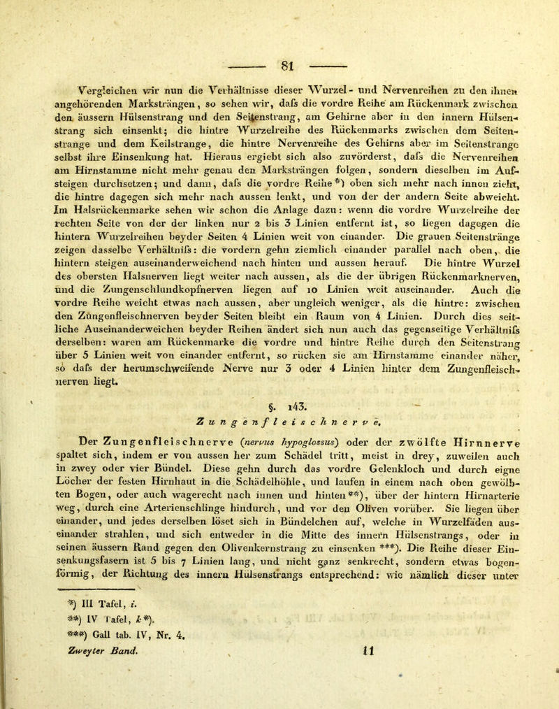 81 Vergleichen vHr nun die Verhältnisse dieser Wurzel- und Nervenreihen zu den ilmeji angehörenden Marksträngen, so sehen wir, dafs die vordre Reihe am Rückenmai'k zwischen den äussern Hülsenstrang und den Sei^enstrang, am Geliirne aber in den innern Hülsen-* Strang sich einsenkt; die hintre Wurzelreihe des Rückenmarks zwischen dem Seiten- strange und dem Keilstrange, die hintre Nervem’eihe des Gehirns aber im Seilenstrango selbst ihre Einsenkung hat. Hieraus ergiebt sich also zuvörderst, dafs die Nervenreihen am Hirnstamme nicht mehr genau den Marksträngen folgen, sondern dieselben im Auf- steigen durchsetzen; und dann, dafs die vordre Reiheoben sich mehr nach innen zieht, die hintre dagegen sich mehr nach aussen lenkt, und von der der andern Seite abweicht. Im Halsrückenmarke sehen wir schon die Anlage dazu: wenn die vordre Wurzelreilie der rechten Seite von der der linken nur 2 bis 3 Linien entfernt ist, so liegen dagegen die hintern Wurzelreihen beyder Seiten 4 Linien weit von einander. Die grauen Seitenstränge zeigen dasselbe Verhältnifs: die vordem gehn ziemlich einander parallel nach oben, die hintern steigen auseinanderweichend nach hinten und aussen herauf. Die hintre Wurzel des obersten Halsnerven liegt weiter nach aussen, als die der übrigen Rückenmarknerven, und die Zungenschlundkopfnerven liegen auf lO Linien M^eit auseinander. Auch die vordre Reihe weicht etwas nach aussen, aber ungleich weniger, als die hintre: zwischen den Züngenfleischnerven beyder Seiten bleibt ein Raum von 4 Linien. Durch dies seit- liche Auseinanderweichen beyder Reihen ändert sich nun auch das gegenseitige Verhältnifs derselben: waren am Rückenmarke die vordre und hintre Reihe durch den Seitensb’ang über 5 Linien weit von einander entfernt, so rücken sie am Hirnstamme einander näher, so dafs der herumschweii’ende Nerve nur 3 oder 4 Linien hinter dem Zungenfleisch- nerven liegt. §. i43. ~ Zung'enfleisch nerve. Der Zungen fleischnerve (nervus hypoglossus) oder der zwölfte Hirnnerve spaltet sich, indem er von aussen hei* zum Schädel tritt, meist in drey, zuweilen auch in zwey oder vier Bündel. Diese gehn durch das vordre Gelenkloch und durch eigne Löcher der festen Hirnhaut in die. Schädelhohle, und laufen in einem nach oben gewölb- ten Bogen, oder auch wagerecht nach innen und hinten**), über der hinteim Hirnarterie weg, durch eine Arterienschlinge hindurch, und vor den Oliven vorüber. Sie liegen über einander, und jedes derselben löset sich in Bündelchen auf, welche in Wurzelfäden aus- einander strahlen, und sich entweder in die Mitte des innern Hülsenstrangs, oder in seinen äussern Rand gegen den Olivenkernstrang zu einsenken ***'). Die Reihe dieser Ein- senkungsfasern ist 5 bis 7 Linien lang, und nicht ganz senkrecht, sondern etwas bogen- förmig, der Richtung des innern Hülsenstrangs entsprechend: wie nämlich dieser unter *) III Tafel, /. **) IV Tafel, I'*). ***) Gail tab. IV, Nr. 4.