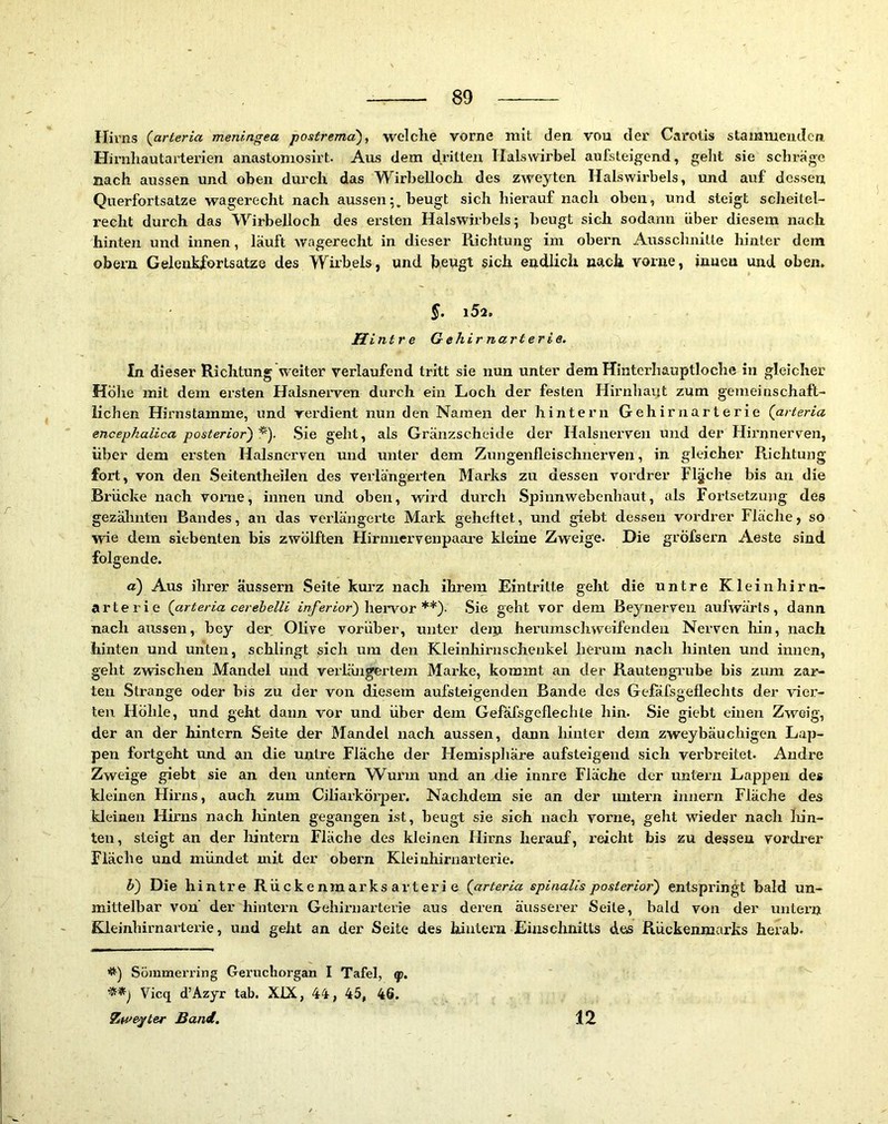 Hirns {arteria meningea postrema), welche vorne mit den von der Carotis stammenden, Hirnliautartei’ien anastomosirt. Aus dem drillen Halswirbel aufsteigend, gellt sie schräge nach aussen und oben durch das Wirbelloch des zweyten Halswirbels, und auf dessen Querfortsatze wagerecht nach aussenbeugt sich hierauf nach oben, und steigt scheitel- i’echt durch das Wirbelloch des ersten Halswirbels; beugt sich sodann über diesem nach hinten und innen, läuft wagerecht in dieser Richtung im obern Ausschnitte hinter dem obern Gelenkfortsatze des Wirbels, und beugt sich endlich nach vorne, innen und oben» §, i52. Hi ntre Gehirnarterie. In dieser Richtung weiter verlaufend tritt sie nun unter dem Hinterhauptloche in gleicher Höhe mit dem ersten Halsnerven durch ein Loch der festen Hirnhaut zum gemeinschaft- lichen Hirnstainme, und verdient nun den Namen der hintern Gehirnarterie (arteria encepkalica posterior')^). Sie geht, als Gränzscheide der Halsnerveu und der Hirnnerven, über dem ex'sten Halsnerven und unter dem Zungenfleischnerven, in gleicher Richtung fort, von den Seitentheilen des verlängerten Marks zu dessen vordrer Fläche bis an die Brücke nach vonie, innen und oben, wird durch Spinnwebenhaut, als Fortsetzung des gezälmten Bandes, an das verlängerte Mark geheftet, und giebt dessen vordrer Fläche, so wie dem siebenten bis zwölften Hirnnervenpaai’e kleine Zweige. Die gröfsern Aeste sind folgende. a) Aus ihrer äussern Seite kurz nach ihrem Eintritte geht die untre Kleinhirn- arterie (arteria cerehelli jw/erior) hervor *) **)• Sie geht vor dem Beynerven aufwärts, dann nach aussen, bey der Olive vorüber, unter dem herumschweifenden Nerven Irin, nach hinten und uiiten, schlingt sich um den Kleinhirnschenkel herum nach hinten und innen, geht zwischen Mandel und verlängertem Marke, kommt an der Rautengrube bis zum zar- ten Strange oder bis zu der von diesem aufsteigenden Bande des Gefäfsgeflechts der vier- ten Höhle, und geht dann vor und über dem Gefäfsgeflechle hin. Sie giebt einen Zweig, der an der hintern Seite der Mandel nach aussen, dann hinter dem zweybäuchigen Lap- pen fortgeht und an die untre Fläche der Hemisphäre aufsteigend sich verbreitet. Andre Zweige giebt sie an den unfern Wurm und an die innre Fläche der untern Lappen des kleinen Hirns, auch zum Ciliarkörper. Nachdem sie an der imtern innern Fläche des kleinen Hirns nach Irinlen gegangen ist, beugt sie sich nach vorne, geht wieder nach liin- ten, steigt an der Irintern Fläche des kleinen Hirns herauf, reicht bis zu dessen vordi’er Fläche und mündet mit der obern Kleinhirnarterie. V) Die hintre Rückenmarksarterie (arteria spinalis posterior) entspringt bald un- mittelbar von' der hintern Gehirnarterie aus deren äusserer Seile, bald von der untern Kleinbirnarterie, und geht an der Seite des hintern Einschnitts des Rückenmarks herab. *) Sommerring Geruchorgan I Tafel, tf, Vicq d’Azyr tab. XIX, 44, 45, 46. Zn^epter Band. 12