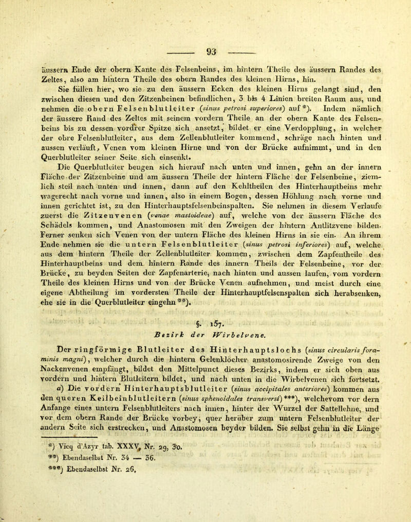 ausser» Ende der ober» Kante des Felsenbeins, im hintern Tlieile des äussern Randes des Zeltes, also am hintern Theile des obem Randes des kleinen Hirns, hin. Sie füllen hier, wo sie zu den äussern Ecken des kleinen Hirns gelangt sind, den zwischen diesen und den Zitzenbeinen befindlichen, 3 bis 4 Linien breiten Raum aus, und nehmen die obern Felsenblutleiter Qsinus petrosi superiores) auf*). Indem nämlich der äussere Rand des Zeltes mit seinem vordem Theile an der obern Kante des Felsen- beins bis zu dessen vordrer Spitze sich ansetzt, bildet er eine Verdopplung, in welcher der obre Felsenblutleiter, aus dem Zellenblutleiter kommend, schräge nach hinten und aussen verläuft^ Venen vom kleinen Hirne und von der Brücke aufnimmt, und in den Querblutleiter seiner Seite sich einsenkt* Die Querblutleiter beugen sich hierauf nach unten und innen, gehn an der inner» Fläche der Zitzenbeine und am äussern Theile der hintern Fläche der Felsenbeine, ziem- lich steil nach unten und innen, dann auf den Kehltheilen des Hinterhauptbeins mehr wagerecht nach vorne und innen, also in einem Bogen, dessen Höhlung nach vorne imd innen gerichtet ist, zu den Hinterhauptsfelsenbeinspalten. Sie nehmen in diesem Verlaufe zuerst die Zitzenvenen (venae mastoideae) auf, welche von der äussern Fläche des Schädels kommen, und Anastomosen mit den Zweigen der hintern AnÜitzvene bilden. Ferner senken sich Venen von der untern Fläche des Meinen Hirns in sie ein. An ihrem Ende nehmen sie die untern Felsenblutleiter (sinus petrosi inferiores') auf, welche aus dem hintern Theile der Zellenblutleiter kommen, zwischen dem Zapfeutheile des Hinterhauptbeins und dem hintern Rande des innern Theils der Felsenbeine, vor der Brücke, zu beyden Seiten der Zapfenarterie, nach hinten und aussen laufen, vom vordem Theile des kleinen Hirns und von der Brücke Venen aufnehmen, und meist durch eine eigene Abtheilung im vordersten Theile der Hinterhauptfelsenspalten sich herabsenken, ehe sie in die Querblutleiter eingehn** ***)). §. 157. B ezirh der Wi rb elp ene. Der ringförmige Blutleiter des Hinterhauptslochs {sinus drcularisfora- minis magni), welcher durch die hintern GelenMöcher anastomosirende Zweige von den Nackenvenen empfängt, bildet den Mittelpunct dieses Bezirks, indem er sich oben aus vordem und hintern Blutleitern bildet, und nach unten in die Wirbelvenen sich fortsetzt. d) Die vordem Hinterhauptsblutleiter {sinus accipitales anteriores) kommen aus den queren Keilbeinblutleitern {sinus sphenoidales transuersi)^*^)^ welchevom vor dem Anfänge eines untern Felsenblutleitei's nach innen, hinter der Wurzel der Sattellehne,_und vor dem obern Rande der Brücke vorbey^ quer herüber zum untern Felsenblutleiter der andern Seite sich erstrecken, und Anastomosen beyder bilden. Sie selbst gehn in die Länge *) Vicq d’Azyr tab. XXXY^ Nr. 2g, 3'0. **) Ebendaselbst Nr. 34 — 36. ***) Ebendaselbst Nr. 26,