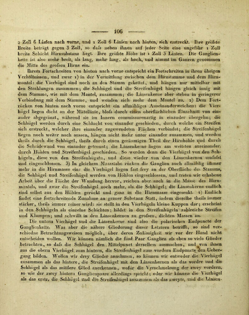 2 Zoll 6 Lirrfen nach rome, und i Zoll 6 Linien nach hinten, sich erstreckt. Dire gröfste Breite beträgt gegen 3 Zoll, so dafs neben ihnen auf jeder Seite eine ungefähr i Zqll breite Scliicht Hirnsubstanz hegt. Ihre gröfste Höhe ist i Zoll 3 Linien. Die Ganglien- ketle ist also mehr breit, als lang, mehr lang, als Imch, und nimmt im Ganzen genommen die 3Iitte des grofsen Hirns ein. Ihrem Fortschx’eiten von hinten nach vorne entspricht ein Fortschreiten in ihren übrigen Verhältnissen, und zwar i) in der Vermittlung zwischen dem Hirnstamme und dem Hirn- mantel: die Vierhügel sind noch an den Stamm gekettet, und hängen nur mittelbar mit den Strahlungen zusammen; die Sehhügel und die Slreifenhügel hängen gleich innig mit dem Stamme, Avie mit dem Ölantel, zusammen; die Linsenkerne aber stehen in gei'ingerer Verbindung mit dem Stamme, und wenden sich mehr dem Mantel zu. 2) Dem Fort- rücken von hinten nach vox'ne enispi’icht ein allmähliges Auseiuanderweichen: die Vier- hügcl liegen dicht an der ölittellinie, blofs durch einen obex’flächliclien Einschnitt von ein- ander abgegränzt, Avährend sie im Innern commissurenarlig in einander übergehn; die Sehhügel werden durch eine Schlucht von einander geschieden, durch welche ein Streifen sich erstreckt, welcher ihre einander zugewendeten Flächen verbindet; die Slreifenhügel liegen noch weiter nach aussen, hängen nicht mehr unter einander zusammen, und werden theiis durch die Sehhügel, theils durch einen geräumigen Theil der Hirnhöhle und durch die Scheidewand von einander getrennt; die Linsenkeme liegen am Aveitsten auseinander,, durch Höhlen und Streifenhügel geschieden. So averden denn die Vierhügel von den Seh- hügeln, diese von den StreifenhügeJii, und diese Avieder von den Linsenkernen unifafst und eingeschlossen. 3) In gleichem ölaasstabe rücken die Ganglien auch allmählig iiUmer mehr in die Hirnmasse ein: die Viex'hügel liegen fast frey an der Obex’flächo des .Stamms, die SehJiügel und Streifenhügel werden von Höhlen eingeschlossen, und tx’eten \ne erhabene Axbeit über die Fläche der ÖVaixdung hex’vor, x’eiclieu aber auch in die Masse des Hirn- mantels, und zwar die Stx’eifenhügel xxoch mehx’, als, die Sehhiigel; die Linsenkei’ne endlich shxd selbst aus deix Höhlen gex-ückt und ganz in die Hirnmasse eingesenkt. 4) Endlich findet eine fox’tschreitende Zuixahrae an gx'auer Substanz .Statt, indem dieselbe theils immer stäx’ker, theils immer reiner Avird: sie stellt in deix Vierhügehx kleine Kuppen dar; erscheint iix den Sehhügehx als einzelne Schichten; bildet in den Streifenhügeln zahli’ciche Streifen uxid Klumpen; und sclxAA'illt in den Linsenkernen zu gx’ofsen, dichten Massen an. Die untern Vierhügel und die Linsenkex’ne sixxd also die polaiischen Endpuncte der Ganglienkette. ÖVas aber die nähere Gliederung dieser Letztex-n belx’ilfl, so sind ver- schiedne BetrachtungsAveiseix möglich, über deren Zulässigkeit Avir vor der Hand nicht entscheiden wollen. Wir könixen nämlich die fünf Paar Gaxiglieix als eben so viele Glieder betx’achten, so dafs die Sehhügel den ölittelpunct derselben ausmachen, und^von ihnen aus die oberix Vierhügel zum hintex’n, die .Slreifenhügel zum vordem Endpuncte den üebex’- gang bilden. Wollen wir drey Glieder annehxnen, so könixen Axir entweder die Vierhügel zusammen als das hintere, die .Streifenhügel mit deix Linsenkernexx als das vordre und die Sehhügel als das mittlere Glied anerkennen, wofür die Vei’schmelzung der zwey vordex'n, so wie der zwey hintern Ganglienpaax’e allerdixxgs spricht; oder wir können die ö iex'hügel als das erste, die Sehluigcl xlnd die Streifenlxügel zu.sainmen als das zweyte, und die Linsen-