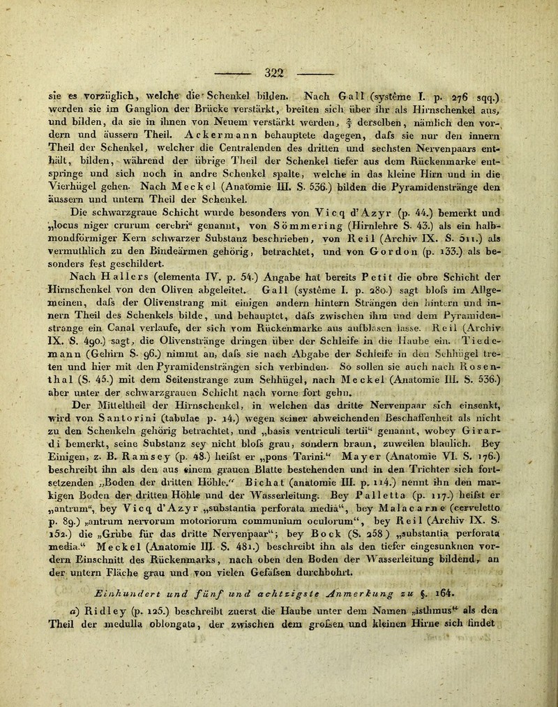 sie es vorziiglicli, welche die’ Schenkel bilden. Nach Gail (systeme I. p. 276 sqq.) werden sie im Ganglion der Brücke verstärkt, breiten sich über ihr als Hirnschenkel aus> tind bilden, da sie in ilmen von Neuem verstärkt werden, f derselben, nämlich den vor- dem und äussei’n Theil. Ackermann behauptete dagegen, dafs sie nur den innern Theil der Schenkel, welcher die Centralenden des dritten und sechsten Neiwenpaars ent- hält, bilden, während der übrige Theil der Schenkel tiefer aus dem Rückenmarke ent- springe und sich noch in andre Schenkel spalte, welche in das kleine Hirn und in die Viei’hügel gehen. Nach Meckel (Anatomie III. S- 536.) bilden die Pyramidenstränge den äussern und untern Theil der Schenkel. Die schwarzgraue Schicht wurde besonders von Vicq d’Azyr (p. 44.) bemerkt und „locus niger crurum cercbri“ genannt, von Sömniering (Hirnlehre S. 43.) als ein halb- mondförmiger Kern schwarzer Substanz beschrieben, von Heil (Ai’chiv IX. S. 5ii.) als vermulhlich zu den Bindeärmen gehörig, betrachtet, und von Gordon (p. i33.) als be- sonders fest geschildert. Nach Hallers (elementa lY. p. 54.) Angabe hat bereits Petit die obre Schicht der Hirnschenkel von den Oliven abgeleitet. Gail (systeme I. p. 280) sagt blofs im Allge- meinen, dafs der Olivenstrang mit einigen andern hintern Strängen den hintern und in- nern Theil des Schenkels bilde, und behauptet, dafs zwischen ihm und dem Pyramiden- strange ein Canal verlaufe, der sich vom Rückenmarke aus aufblasen lasse. Reil (Archiv IX. S. 490.) sagt, die Olivenstränge dringen über der Schleife in die Haube ein. Tiede- mann (Gelrirn S. 96.) nimmt an, dafs sie nach Abgabe der Schleife in den Sehhiigel tre- ten und hier mit den Pyramidensträngen sich verbinden- So sollen sie auch nach Rosen- thal (S. 45.) mit dem Seitenstrange zum Sehhügel, nach Meckel (Anatomie III. S. 536.) aber unter der schwarzgrauen Schicht nach vorne fort gehn. Der Mitleltheil der Hirnschenkel, in welchen das dritte Nervenpaar sich einsenkt, wird von Santorini (tabulae p. j4.) wegen seiner' abweichenden Beschaffenheit als nicht zu den Schenkeln gehörig betrachtet, und „basis ventriculi terlii“ genannt, wobey Girar- di bemerkt, seine Substanz sey nicht blofs grau, sondern braun, zuweilen bläulich. Bey Einigen, z. B. R am sey (p. 48.) heifst er „pons Tarini.“^ Mayer (Anatomie VI. S. 176.) beschreibt ihn als den aus einem grauen Blatte bestehenden und in den Trichter sich fort- setzenden „Boden der dntten Höhle.'^*' Bichat (anatomie III. p. 114.) nennt ihn den mai’- kigen Boden dev dritten Höhle und der Wasserleitung. Bey Palletta (p. 117.) heifst er „antrum“, bey Yicq d’A2iyr „substantia perforata mediä“, bey Malacarne (cerveletlo p. 89.) „antrum nervorum motoriorum communium oculoi'um“, bey Reil (Archiv IX. S. i5z.) die „Grübe für das dritte Nervenpaar“; bey Bock (S. 258) „substantia perforata media.“ Meckel (Anatomie III. S. 481.) beschreibt ihn als den tiefer eingesunkuen vor- dem Einschnitt des Rückenmarks, nach oben den Boden der Wasserleitung bildend„ an der untern Fläche grau und von vielen Gefalsen durchbohrt. Einhundert und fünf und achtzigste Anmerhung zu §. i64. a) Ridley (p. 125.) beschreibt zuerst die Haube unter dem Namen „istlimus^ als den Theil der medulia ohlongata, der zwischen dem grohjen und kleinen Hirne sich iindet