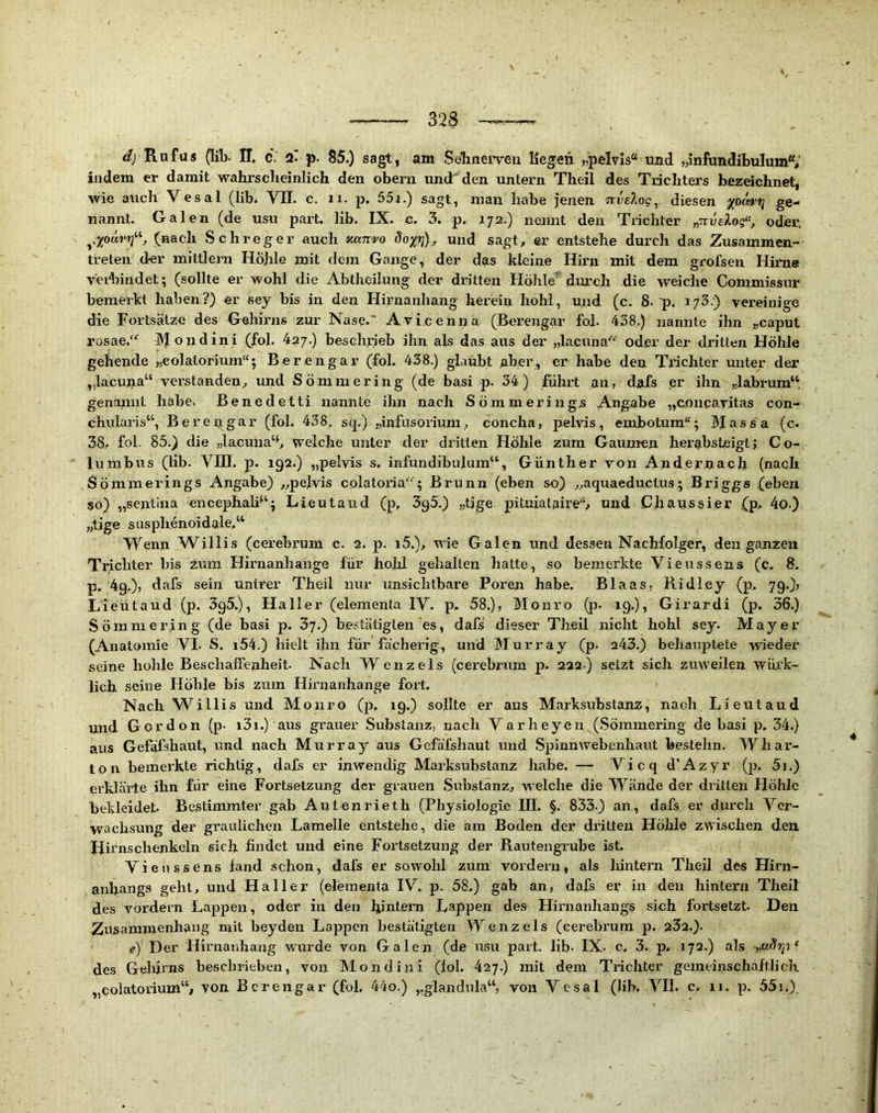 d) Ruf US ir. c. 2. p. 85.) sagt, am Sahnerveu liegen „pelvis“ und „infiindihnTutn“ indem er damit wahrsclieinlich den obern und den untern Theil des Trichters bezeichnet, wie auch Vesal (lib. VII. c. ii. p. 55i.) sagt, man habe jenen jrusXo?, diesen ge- nannt. Galen (de usu part. lib. IX. c. 3. p. J72.) nennt den Trichter oder. (nach Schreger auch Kanvo dox^)j, und sagt, er entstehe durch das Zusammen- treten d-er mittlera Hohle mit dem Gange, der das kleine Hirn mit dem grofsen Hirne veihindet; (sollte er wohl die Abtheilung der dritten Höhle durch die weiche Commissur bemerkt haben?) er sey bis in den Hirnanhang herein hohl, und (c. 8-p. i/S) vereinige die Fortsätze des Gehirns zur Nase.' Avicenna (Berengar fol. 438.) nannte ihn „caput rosae.'*^ Mondini (fol. 427.) beschrieb ihn als das aus der „lacuna oder der dritten Höhle gehende „eolalorium“; Berengar (fol. 438.) glaubt aber, er habe den Trichter unter der „lacujia“ verstanden, und Sömmering (de basi p. 34) führt an, dafs er ihn „labrum“, genannt habe. Benedetti nannte ihn nach Sömmerings Angabe „concavitas con- chularis“, Berengar (fol. 438, sq.) „infusorium, concha, pelvis, embotum“; Blass a (c. 38, fol. 85.) die „lacuna“, welche unter der dritten Höhle zum Gaunren her^bsteigt; Co- lumbus (Üb. Vin. p. 192.) „pelvis s. infundibulum“, Günther von Andernach (nach Sömmerings Angabe) „pelvis colatoria“^'; Brunn (eben so) „aquaeductus; Briggs (eben $0) „sentlna encephalf‘; Lieutaud (p, 3q5.) „tjge pituiataire“, und Chaussier (p, 4o.) „tige susphenoidale,“ Wenn Willis (cerebrum c. 2. p. i5.), wie Galen und dessen Nachfolger, den ganzeii Trichter bis zum Hirnanhange für hold gehalten hatte, so bemerkte Vieussens (c. 8. p. 4g.), dafs sein untrer Theil nur unsichtbare Poren habe. Blaas, Ridiey (p, 79.), Lieutaud (p. 3g5.), Haller (elementa IV. p. 58.), Monro (p. 19.), Girardi (p. 36.) Sömmering (de basi p. 3y.) bestätigten es, dafs dieser Theil nicht hohl sey. Mayer (Anatomie VL S. i54.) hielt ihn für fächerig, und Blurray (p. 243.) behauptete wieder seine hohle BeschalFenheit. Nach W enzels (cerebraim p. 222 ) setzt sich zuweilen würk- lich seine Höhle bis zum Hirnanhange fort. Nach Willis und Mo uro (jj. 19.) sollte er aus Marksubstanz, nach Lieutaud und Gordon (p- i3i.) aus grauer Substanz, nach Yarheyen (Sömmering de basi p. 34.) aus Gefafshaut, und nach Murray aus Gefäfshaut und Spinnwebenhaut bestehn. Whai’- ton bemerkte richtig, dafs er inwendig Marksubstanz habe. — Vicq d’Azyr (j). 5i.) erklärte ihn für eine Fortsetzung der grauen Substanz, Avelche die Wände der dritten Höhle bekleidet- Bestimmter gab Antenrieth (Physiologie III. §. 833-) an, dafs er durch Yer- wach-sung der graulichen Lamelle entstehe, die am Boden der dritten Höhle zwischen den Hirnschenkeln sich findet und eine Fortsetzung der Rautengrube ist. Yieussens fand schon, dafs er sowohl zum vordem, als lüntern Theil des Hirn- anhangs geht, und Haller (elementa lY. p. 58.) gab an, dafs er in den hintern Theil des vordem Lappen, oder in den hintern Lappen de.s Hirnatihangs sich fortsetzt. Den Zusammenhang mit beyden Lappen bestätigten Wenzels (cerebrum p. 232.). e) Der Hirnaiihaug wurde von Galen (de usu paxt. lib- IX- c. 3. p, 172.) als „csfTiji ‘ des Geliirns beschrieben, von Mondini (fol. 427.) mit dem Trichter gemeinschaftlich „colatoi'ium“, von Berengar (fol. 44o.) „glaiidnla“, von Ycsal (Uh. YII. c. ii. p. 55i.),