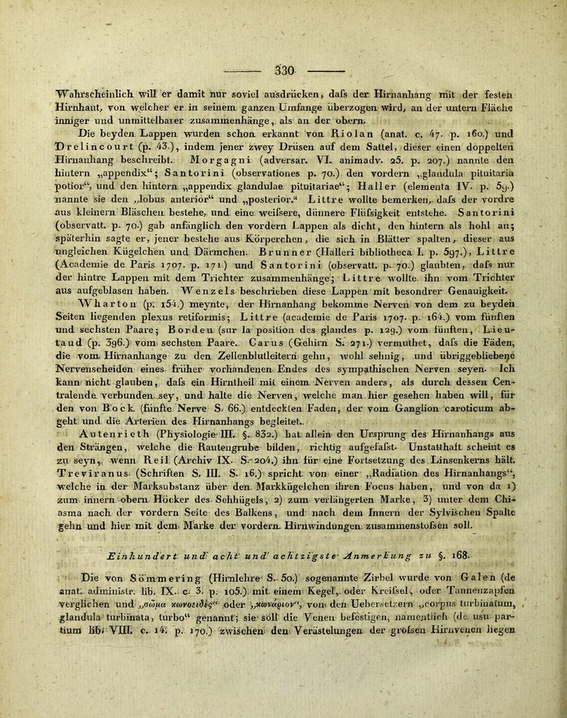 W^ahrscheinlich. will er damit hur soviel ausdrücken, dafs der Hirnanhans: mit der festen Hirnhaut, von welcher er in seinem, ganzen Umfange überzogen wird, an der untern Fläche inniger und unmittelbarer Zusammenhänge,, als an. der ohern. Die beyden. Lappen wurden schon erkannt von Riolan (anat. c. 47. p. 160.) und Drelincourt (p. 43.), indem jener zwey Drüsen auf dem Sattel, dieser einen doppelten Hirnanhang beschreibt.. Morgagni (adversar. VI. animadv. a5. p. 207.) nannte den hintern „appendix“; Santorini (observationes p. 70.) den vordem „glandula pituitaria potior“, und den hintern, „appendix glandulae pituitariae“; Haller (elementa IV- p. 5y.) nannte sie den „lobus anterior“ und „posterior.“ Littre wollte bemerken, dafs der vordre aus kleinern Bläsclieir bestehe, und eine weifsere, dünnere Flüfsigkeit entstehe. Santorini (observatt. p. 70-) gab anfänglich den vordem Lappen als dicht, den hintern als hohl an; späterhin sagte er, jener bestehe aus Körperchen, die sich, in Blätter spaltendieser aus ungleichen Kügelchen und Därmchen- Brunner (Halleri bibliotheca. I. p. 597.), Littre (Academie de Paris 1707. p. 171) und Santorini (observatt. p- 70.) glaubten, dafs nur der hintre Lappen mit dem Trichter Zusammenhänge; Littre wollte, ihn vom Trichter aus aufgeblasen haben. Wenzels beschrieben diese Lappen mit besondrer Genauigkeit. W^harton (p. i54.) meynte, der Hirnanhang bekomme Nerven von dem zu beyden Seiten liegenden plexus retiformis; Littre (academie de Paris 1707. p. i64.) vom fünften und sechsten Paare; Borden (sur la position des glandes p. 12g.) vom fünften, Lieu- faud (p. 396.)? vom sechsten Paare.. Carus (Gehirn S. 271.) vermuthet, dafs die Fäden, die vom Hirnanliange zu den. Zellenblutleiterri gehn, woM sehnig, und übriggebliebe^e Nervenscheiden; eines früher vorhandenen. Endes des sympathischen Nerven seyen. Ich kann nicht glauben, dafs ein Hirntheil mit einem. Nerven anders, als durch dessen Cen- tralendn verbunden.sey, und; halte die Nerven, welche man hier gesehen haben will, für den von Bock (fünfte Nerve S. 66.) entdeckten Faden, der vom Ganglion caroticum ab- geht: und. die Arterien des Hirnanhangs begleitet.^ Autenrieth (Physiologie IH. §..832.) hat. allein den Ursprung des Hirnanhang.s aus den Strängen,, welche die Rautengrube bilden, richtig aufgefafst. Unstatthaft scheint es zu seyn„ wenn Reil (Archiv IX- S-''2o4.) ihn für’eine Fortsetzung des Linsenkerns hält. Treviranus. (Schriften S. III. S- 16.) spricht von einer ,,Radiation des Hirnanhangs“, welche in der Märksubstanz über den. Markkügelchen ihren Focus haben, und von da 1) zum innern obem. Hocker des. Sehhügels, 2) zum verlängerten Marke, 3) unter dem Chi- asma nach der vordem Seite des Balkens, und nach dem Innei-n der Sylvischen Spalte gehn und hier mit dem; Märke der vordem. Hirnwindungen zusammenstofsen soll. Einhundert und' acht und'achtzigste’ Anmerhung zu §. 168. Die von Sömmering (Himlehre' S-5o.) sogenannte Zirbel wurde von Galen (de anat adininistr. lib. IX.-c; 3. p. io5.): mit einem Kegel,, oder Kroifsel , oder Tannenzapfen verglichen und„ffWjM« zwrosfdfg-oder , vom den Uebersetzern „corpiis tiirbiuatüm, , glandula turbihata, türbo“ genannt; sie'soll'die Venen befestigen, namentlich (de usu par- tium lih< VIIT. c. i4; p. 170.) zwischen; den Verästelungen der greisen Hirnvenen liegen
