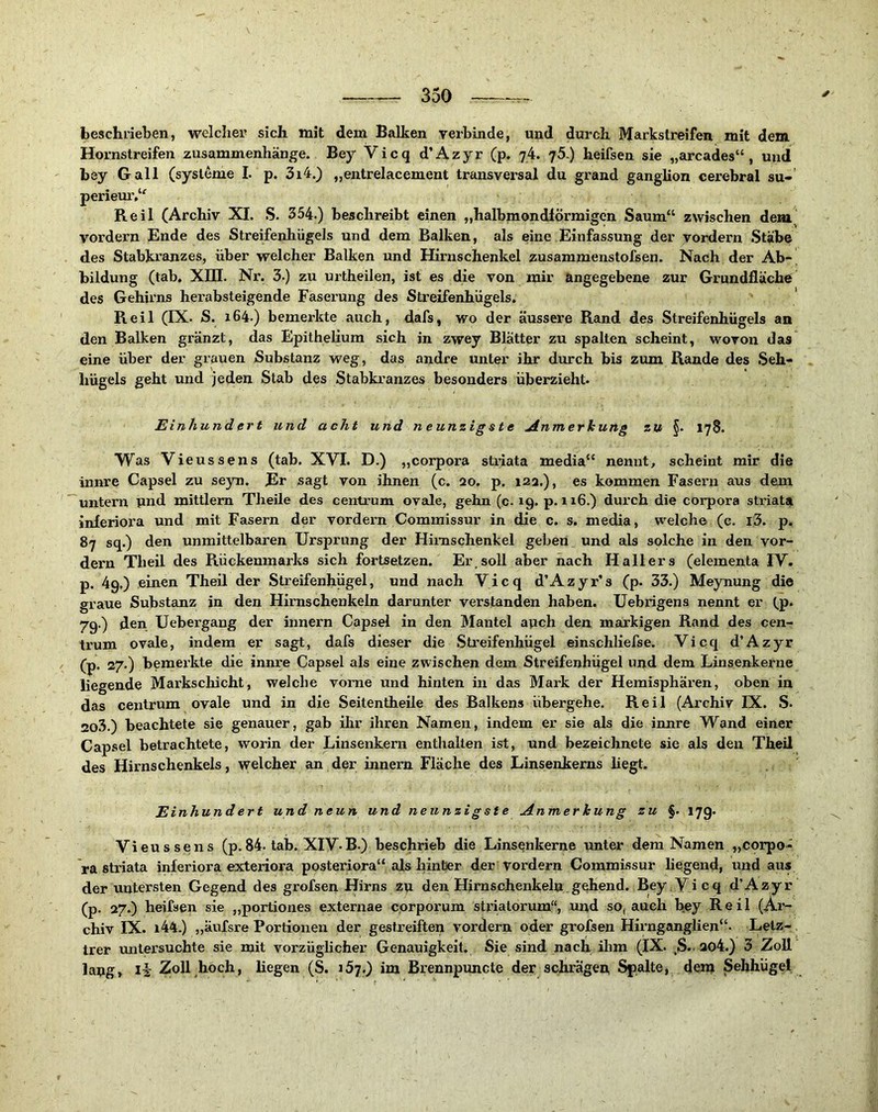 330 beschrieben, welcher sich mit dem Balken verbinde, und durch Markstreifen mit dem Hornstreifen Zusammenhänge. Bey Vicq d’Azyr (p. 74. q5.) heifsen sie „arcades“, und hey Gail (sysl^me I. p. 3i4.) „entrelacement transversal du grand ganglion cerebral su» perieur/' Reil (Archiv XI. S. 354.) beschreibt einen „halbmondlörmigen Saum“ zwischen dem vordem Ende des Streifenliügels und dem Balken, als eine Einfassung der vordem Stäbe des Stabkranzes, über welcher Balken und Hirnschenkel zusammenstofsen. Nach der Ab-^ Bildung (tab. XIII. Nr. 3.) zu urtheilen, ist es die von mir angegebene zur Grundfläche des Gehirns herabsteigende Faserung des Streifenhiigels. Reil (IX. S. 164.) bemerkte auch, dafs, wo der äussere Rand des Streifenhügels an den Balken gränzt, das Epithelium sich in zwey Blätter zu spalten scheint, wovon das eine über der grauen Substanz weg, das andre unter ihr durch bis zum Rande des Seh- hügels geht und jeden Stab des Stabkranzes besonders überzieht. Einhundert und acht und neunzigste jdnmerhung zu §. 178. Was Vieussens (tab. XVI. D.) „corpora striata media“ nennt, scheint mir die innre Capsel zu seyn. Er sagt von ihnen (c. 20. p. 122.), es kommen Fasern aus dem untern ünd mittlem Theüe des centrum ovale, gehn (c. 19. p. 116.) dui’ch die corpora striata inferiora und mit Fasern der vordem Commissur in die c. s. media, welch© (c. l3. p. 87 sq.) den unmittelbaren Ursprung der Himschenkel geben und als solche in den vor- dem Theil des Rückenmarks sich fortsetzen. Er. soll aber nach Hallers (elementa IV. p. 49,) einen Theil der Streifenhiigei, und nach Vicq d’Azyr’s (p. 33.) Meynung die graue Substanz in den Himschenkeln darunter verstanden haben. Uebrigens nennt er (.p. 79.) den Uebergang der innern Capsel in den Mantel apch den markigen Rand des cen- trum ovale, indem er sagt, dafs dieser die Sti’eifenhügel einschhefse. Vicq d’Azyr (p. 27.) bemerkte die innre Capsel als eine zwischen dem Streifenhügel und dem Linsenkerne liegende Markschicht, welche vorne und hinten in das Mark der Hemisphären, oben in das centrum ovale und in die Seitentheile des Balkens übergehe. Reil (Archiv IX. S. 2o3.) beachtete sie genauer, gab ihr ihren Namen, indem er sie als die innre Wand einer Capsel betrachtete, worin der Linsenkern enthalten ist, und bezeichnet© sie als den Theil des Hirnschenkels, welcher an der innem Fläche des Linsenkerns hegt. Einhundert und neun und neunzigste Anmerkung zu §. 17g. Vieussens (p.84. tab. XIV-B.) beschrieb die Linsenkerne unter dem Namen „Corpo- ra striata inferiora exteriora posteriora“ als hinter der vordem Commissur hegend, und aus der untersten Gegend des grofsen Hirns zu den Hirnschenkeln gehend. Bey, Vicq d’Azyr (p. 27.) heifaen sie „portiones externae eprporum striatorum“, und so, auch bey Reil (Ar- chiv IX. i44.) „äufsre Portionen der gestreiften vordem oder grofsen Hirnganglien“. Letz- trer untersuchte sie mit vorzüglicher Genauigkeit. Sie sind nach ihm (IX. ao4.) 3 Zoll lang, Zoll hoch, hegen (S. 157.) im Brennpuncte der schrägen Spalte, dem Sehhügel