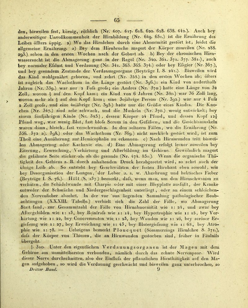 den, bisweilen fest, körnig, rötblich (Nr. 607. 617. 618. 6ao. 628. 638. 642.). Auch bcy anderweitiger Unvollkommenheit der Hirnbildung (Nr. 64g. 651.) ist die Ernährung des Leibes öß'ters üppig. 2) Wo das Hirnleben durch eine Abnoiniilät gestört ist, leidet die allgemeine Ernährung, a) Bey dem Hirnbruche magert der Körper zuweilen (Nr. 288. 293.), schon in den ersten Wochen nach der Geburt ab. b) Bey der chronischen Hirn- wassersucht ist die Abmagerung ganz in der Regel (Nr. 34o. 36i. 371. 377. 38i.), auch bey normaler Efslust und Verdauung (Nr. 341. 363. 365- 374.) oder bey Efsgier (Nr. 367.), und bey gesundem Zustande der Verdauungsorgane (Beyträge I. S. 241.). Bisweilen wird das Kind wohlgenährt geboren, und zehrt (Nr. 358.) in den ersten Wochen ab; öfters ist zugleich das Wachslhum in die Länge gestört (Nr. 3g6.): ein Kind von anderthalb Jahren (Nr. 33g.) war nur 2 Fufs grofs; ein Andres (Nr. 370 ) halte eine Länge von 32 Zoll, wovon f auf den Kopf kam; ein Kind von 6 Jahren (Nr. 38ü.) war 36 Zoll lang, wovon mehr als f auf den Kopf kam ; eine 3ojährige Person (Nr. 3g2.) war nur 4 Fufs 2 Zoll grofs, und eine 4ojährige (Nr. 3g5.) hatte nur die Gröfse eines Kindes. Die Kno- chen (Nr. 347.) sind sehr schwach, und die Muskeln (Nr. 370.) wenig entwickelt; bey einem fünfjährigen Kinde (Nr. 345), dessen Körper 24 Pfund, und dessen Kojaf 12^ Pfund wog, war wenig Blut, fast blofs Serum in den Gefäfsen, und die Gesichtsmuskeln waren dünn, bleich, fast verschwunden. In den seltnem Fällen, wo die Ernähiiing (Nr. 356. 372 a). 3g8.) oder das Wachslhum (Nr. 36g.) nicht merklich gestört wird, ist zum Theil eine Annähei’ung zur Heraicephalie zu erkennen, c) Nach Hirnwunden tritt biswei- len Abmagerung oder Kachexie ein. d) Eine Abmagerung erfolgt leiner zuweilen bey Eiterung, Erweichung, Verhärtung und Aflerlnldung im Gehirne. Gewöhnlich magert die gelähmte Seite stärker-ab, als die gesunde (Nr. 474. 851.). W^enn die organische Thä- tigkeit des Gehirns z. B. durch anhaltenden Druck herabgesetzt wird, so zehrt auch der übrige Leib ab. .So entsteht bey Geschwülsten der festen Hirnhaut eben sow^olil, wie bey Desorganisation der Lungen, ' der Leber n. s. w. Abzehrung und hektiscJres Fieber (Beyträge I. S. 76.). Hill (S, ) bemerkt, dafs, wenn man, um den Hirnschwamm zu verhüten, die Schädelwunde mit Cliarpie oder mit einer Bleyjjlatte ausfüllt, der Kranke entweder der Schwäche und Niedergeschlagenheit unterliegt, oder an einem schleichen- den Nervenfieber abzehrt. In der vor 'uns liegenden .Sammlung pathologischer Beob- achtungen (XXXIII. Tabelle.) verhielt sich die Zahl der Fälle, wo Abmagerung Statt fand, zur Gesammtzahl der Fälle von Hirnabnormität Avie 1: 24, und zwar bey Aftergebilden wie 1: i3, bey Beinlrafs wie 1: i4, bey Flypertrophie wie 1: i5, bey Ver- härtung wie 1: 22, bey Concrementen wüe 1: 23, bey Wunden wie 1: 26, bey seröser Er- giefsung wie 1: 27 , bey Erweichung wie 1: 43, bey ßlutergiel’sung wie i : 68, bey Atro- phie wie i: 78. — Uebrigens bemerkt Ploucquet (Sömmerrings Hirnlehre S. 371.), dafs der Körper von Thieren, die an Hirnwunden gestorben sind, früher in Fäulnifs übergeht. §. 3iO. Unter den eigentlichen Ver d au u n g s o rg an e n ist der Magen mit dem Gehirne am unmittelbarsten verbunden, )iämlich durch das zehnte Nervenpaar. Wird dieser Nerve durchschnitten, also der Einflufs der pflanzlichen Hirnthätigkeit auf den Ma- gen aulgehoben , so wird die Verdauung geschwächt und bisweilen ganz unterbrochen., so Dritter Band, 9