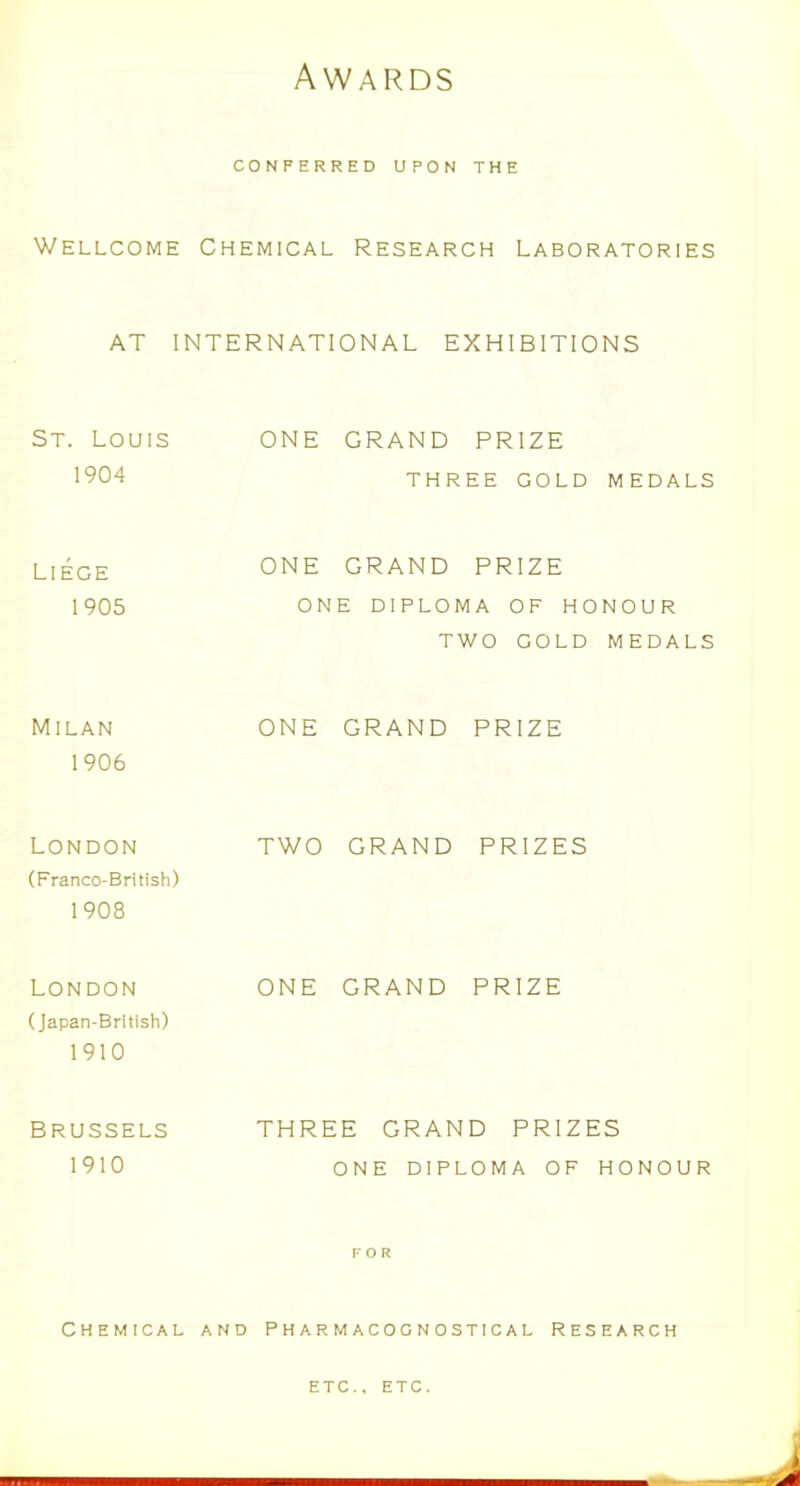 CONFERRED UPON THE Wellcome Chemical Research Laboratories AT INTERNATIONAL EXHIBITIONS St. Louis ONE GRAND PRIZE 1904 THREE GOLD MEDALS Liege ONE GRAND PRIZE 1905 ONE DIPLOMA OF HONOUR TWO GOLD MEDALS Milan ONE GRAND PRIZE 1906 London (Franco-British) 1908 TWO GRAND PRIZES London (Japan-British) 1910 ONE GRAND PRIZE BRUSSELS THREE GRAND PRIZES 1910 ONE DIPLOMA OF HONOUR FOR Chemical and Pharmacognostical Research ETC., ETC. j )