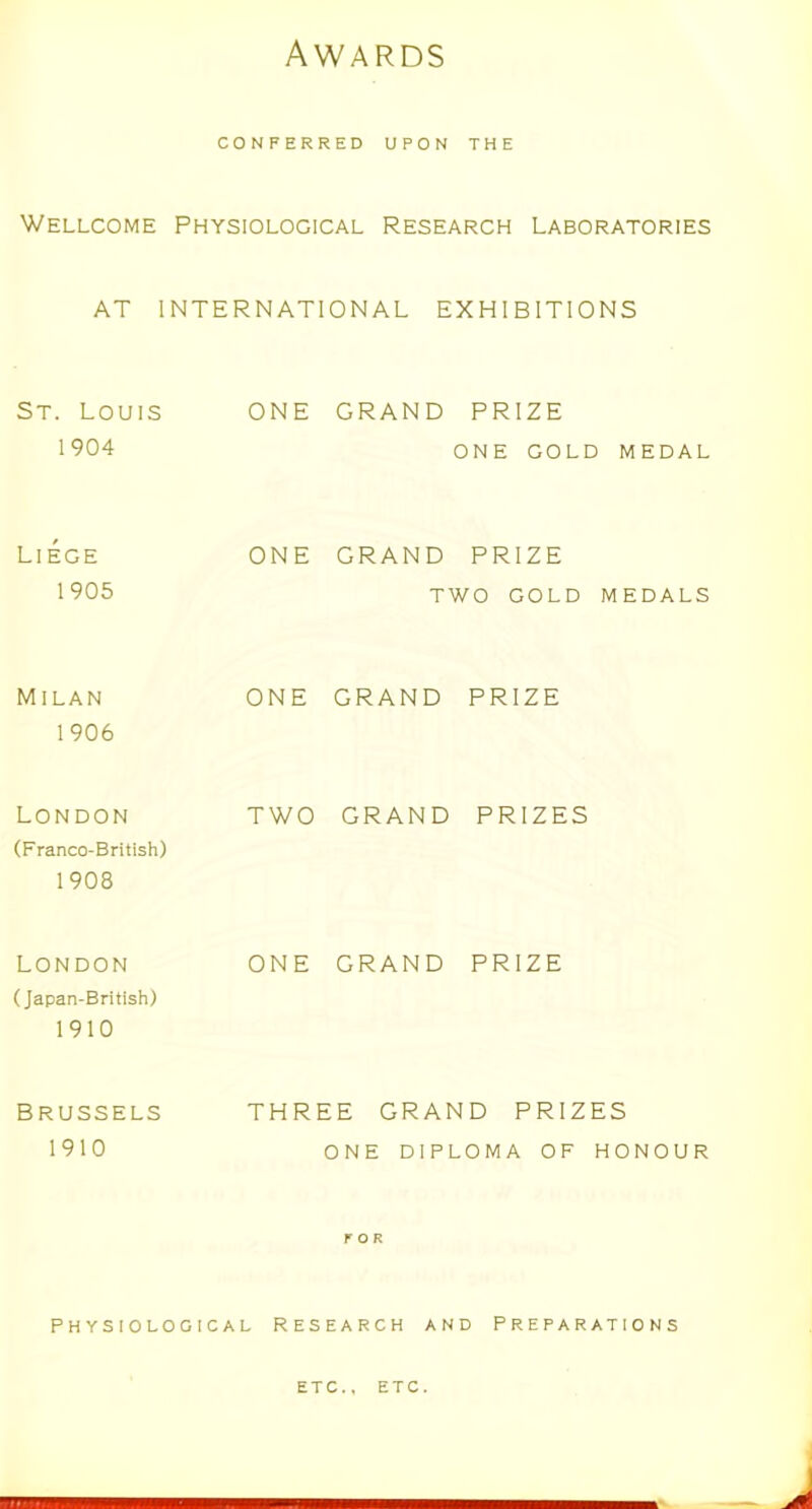 CONFERRED UPON THE Wellcome Physiological Research Laboratories AT INTERNATIONAL EXHIBITIONS St. Louis ONE GRAND PRIZE 1904 ONE GOLD MEDAL Liege ONE GRAND PRIZE 1905 TWO GOLD MEDALS Milan 1906 ONE GRAND PRIZE London (Franco-British) 1908 TWO GRAND PRIZES LONDON (Japan-British) 1910 ONE GRAND PRIZE Brussels THREE GRAND PRIZES 1910 ONE DIPLOMA OF HONOUR FOR PHYSIOLOGICAL RESEARCH AND PREPARATIONS ETC., ETC. m J