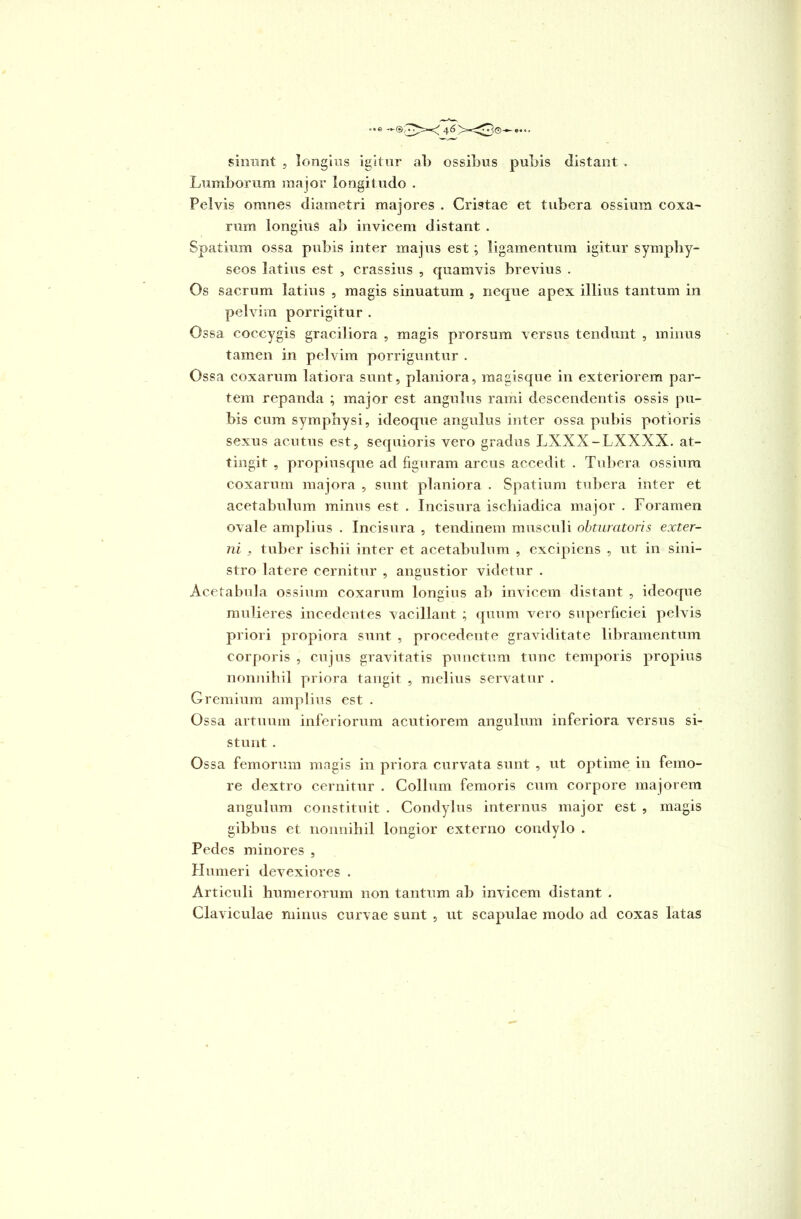 sinunt , longius igitur al) ossibus pubis distant . Lumborum major longitudo . Pelvis omnes diametri majores . Cri3tae et tubera ossium coxa- rum longius ab invicem distant . Spatium ossa pubis inter majus est ; ligamentum igitur symphy- seos latius est , crassius , quamvis brevius . Os sacrum latius , magis sinuatum , neque apex illius tantum in pelvim porrigitur . Ossa coccygis graciliora , magis prorsum versus tendunt , minus tamen in pelvim porriguntur . Ossa coxarum latiora sunt, planiora, magisque in exteriorem par- tem repanda ; major est angulus rami descendentis ossis pu- bis cum symphysi, ideoque angulus inter ossa pubis potioris sexus acutus est, sequioris vero gradus LXXX-LXXXX. at- tingit , propiusque ad figuram arcus accedit . Tubera ossium coxarum majora , sunt planiora . Spatium tubera inter et acetabulum minus est . Incisura ischiadica major . Foramen ovale amplius . Incisura , tendinem musculi obturatoris exter- ni , tuber ischii inter et acetabulum , excipiens , ut in sini- stro latere cernitur , angustior videtur . Acetabula ossium coxarum longius ab invicem distant , ideoque mulieres incedentes vacillant ; quum vero superficiei pelvis priori propiora sunt , procedente graviditate libramentum corporis , cujus gravitatis punctum tunc temporis propius nonnihil priora tangit , melius servatur . Gremium amplius est . Ossa artuum inferiorum acutiorem angulum inferiora versus si- stunt . Ossa femorum magis in priora curvata sunt , ut optime in femo- re dextro cernitur . Collum femoris cum corpore majorem angulum constituit . Condylus internus major est , magis gibbus et nonnihil longior externo condylo . Pedes minores , Humeri devexiores . Articuli humerorum non tantum ab invicem distant . Claviculae minus curvae sunt , ut scapulae modo ad coxas latas