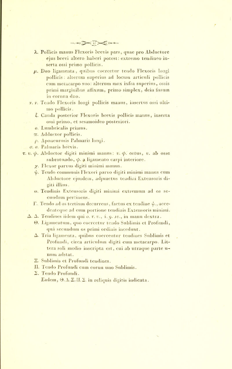 r* ©—*••• 53 /t. Pollicis manus Flexoris brevis pars, quae pro Abductore ejus brevi altero haberi potest: extremo tendineo in- serta ossi primo pollicis. fi. Duo ligamenta , quibus coercetur tendo Flexoris longi pollicis : alterum superius ad locum articuli pollicis cum metacarpo suo: alterum mox infra superius, ossis primi marginibus affixum, primo simplex, dein fissum in cornua duo. v. v. Tendo Flexoris longi pollicis manus, insertus ossi ulti- mo pollicis . £. Cauda posterior Flexoris brevis pollicis manus, inserta ossi primo, et sesamoideo posteriori. o. Lumbricalis primus. ii. Adductor pollicis. p. Aponeurosis Palmaris longi. <r. o\ Palmaris brdvis. T. v. cj). Abductor digiti minimi manus: v. <p. ortus, v. ab osse subrotundo, cp. a ligamento carpi interiore. y. Flexor parvus digiti minimi manus. ijb Tendo communis Flexori parvo digiti minimi manus cum Abductore ejusdem, adjunctus tendini Extensoris di- giti illius. 0). Tendinis Extensoris digiti minimi extremum ad os se- cundum pertinens. F. Tendo ad os tertium decurrens, factus ex tendine A., acce- denteque ad eum portione tendinis Extensoris minimi. A. A. Tendi nes iidem qui o. r. u., io., in manu dextra. 0. Ligamentum, quo coercetur tendo Sublimis et Profundi, qua secundum os primi ordinis incedunt. A. Tria ligamenta, quibus coercentur tendines Sublimis et Profundi, circa articulum digiti cum metacarpo. Lit- tera soli medio inscripta est, cui ab utraque parte u- num adstat. E. Sublimis et Profundi tendines. n. Tendo Profundi cum cornu uno Sublimis. 2. Tendo Profundi. Eadem, 0. A.E. H.2. in reliquis digitis indicata. 1 O
