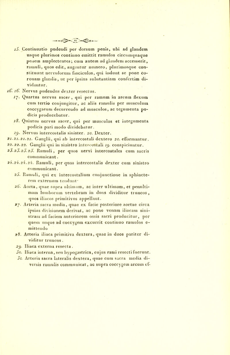 i5. Continuatio pudendi per dorsum penis, ubi ad glandem usque plurimos continuo emittit ramulos circumquaque penem amplectentes; cum autem ad glandem accesserit» ramuli, quos edit, augentur numero, plurimosque con- stituunt nervulorum fasciculos, qui indunt se pone co- ronam glandis, ut per ipsius substantiam confertim di- vidantur. iG. lG. Nervus pudendus dexter resectus. i^. Quartus nervus sacer, qui per ramum in arcum flexum cum tertio conjungitur, ac aliis ramulis per musculum coccygaeum decurrendo ad musculos, ac tegumenta po- dicis producebatur. 18. Quintus nervus sacer, qui per musculos et integumenta podicis pari modo dividebatur. Jjp. Nervus intercostalis sinister. 20. Dexter. 21.21.21.21. Ganglii, qui ab intercostali dextero 20. efFormantur. 22.22.22. Ganglii qui in sinistro intercostali 19. conspiciuntur. 2J.2J.2J.2J. Ramuli, per quos nervi intercostales cum sacris communicant. 24.24.24.24. Ramuli, per quos intercostalis dexter cum sinistro communicant. 2J. Ramuli, qui ex intercostalium conjunctione in sphincte- rem externum tendunt* 2G. Aorta, quae supra ultimam, ac inter ultimam, et penulti- mam lumborum vertebram in duos dividitur truncos , quos iliacos primitivos appellant. 27. Arteria sacra media, quae ex facie posteriore aortae circa ipsius di\isionem derivat, ac pone venam iliacam sini- stram ad faciem anteriorem ossis sacri producitur, per quem usque ad coccygem excurrit continuo ramulos e- mittendo 28. Arteria iliaca primitiva dextera, quae in duos pariter di- viditur truncos. 2g. Iliaca externa resecta . Jo. Iliaca interna, seu hypogastrica, cujus rami resecti fuerunt. Ji. Arteria sacra lateralis dextera, quae cum sacra media di- versis ramulis communicat, ac supra coccygem arcum ef-