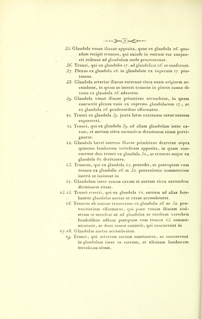 35. Glandula venae iliacae apposita, quae ex glandula 26. quo- sdam recipit truncos, qui exinde in unicum vas conjun- cti redeunt ad glandulam unde processerunt. 3G. Trunci, qui ex glandulis 27. ad glandulam 2G. se conferunt. 3?. Plexus ex glandula 2G. in glandulam ex supremis /7. pro- tensus. 38. Glandula arteriae iliacae externae circa suam originem ac- cumbens, in quam se inserit truncus in plures ramos di- visus ex glandula 2G. advectus. Jp. Glandula venae iliacae primitivae accumbens, in quam concurrit plexus vasis ex suprema glandularum 17., ac ex glandula 2G. prodeuntibus efformatus. 4o. Trunci ex glandula J9. juxta latus externum cavae sursum exporrecti. 4/. Trunci, qui ex glandula J9. ad aliam glandulam inter ca- vam, et aortam circa earumdem divisionem sitam porri- guntur. 42. Glandula lateri interno iliacae primitivae dexterae supra quintam lumborum vertebram apposita, in quam con- currunt duo trunci ex glandula J2., ac truncus major ex glandula 80. derivantes. 4 J. Truncus, qui ex glandula 42. procedit, ac postequam cum trunco ex glandulis 2G. et 32. proveniente commercium inierit se insinuat in 44. Glandulam inter venam cavam et aortam circa earumdem divisionem sitam. 45.45. Trunci resecti, qui ex glandula 44. sursum ad alias fere- ^ bantur glandulas aortae et cavae accumbentes. 4G. Truncus ab unione truncorum ex glandulis 2G. ac J2. pro- venientium efformatus, qui pone venam iliacam sini- stram se occultat ut ad glandulas se conferat vertebris lumbalibus adfixas postquam cum trunco 45. commu- nicaverit, ac duos ramos emiserit, qui concurrunt in 47-4(9. Glandulas aortae accumbentes. 4^p. Trunci , qui arteriam sacram comitantur, ac concurrunt in glandulam inter os sacrum, et ultimam lumborum vertebram sitam.